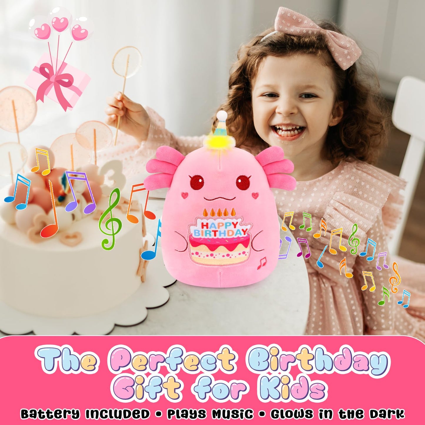 Prewplam Axolotl Plush Toy - 8" Pink Singing & Glowing Stuffed Animal, Birthday Gift for Kids, Model CGZ-SRRY-D