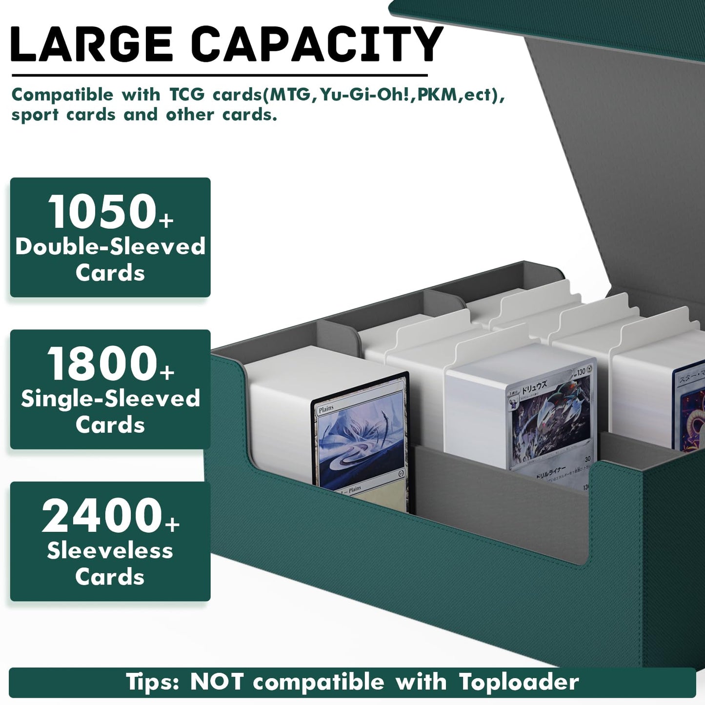 Zlca Card Storage Box For Mtg Ptcg, Commander Deck Box Holds 1800+ Cards, Card Storage Case, Card Organizer For Tcg Sport Cards(Green)