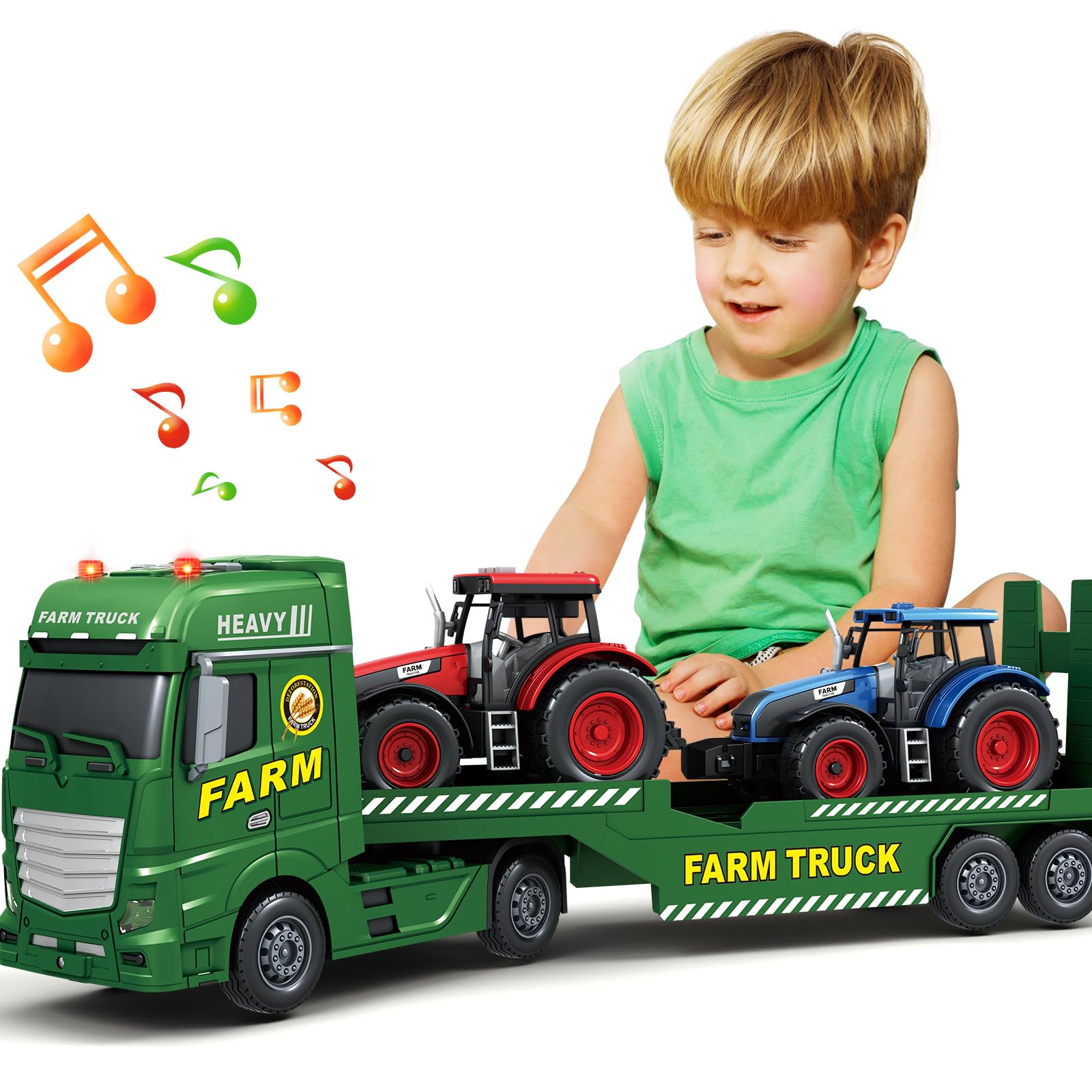 Bstoyder Toddler Boy Toys for 3 4 5 6 7 Years Kids, 25'' Semi Flatbed Truck Toy with 2 Tractors, Friction Powered Vehicles Toys 