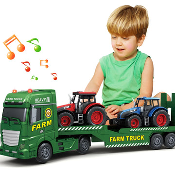 Bstoyder Toddler Boy Toys for 3 4 5 6 7 Years Kids, 25'' Semi Flatbed Truck Toy with 2 Tractors, Friction Powered Vehicles Toys 