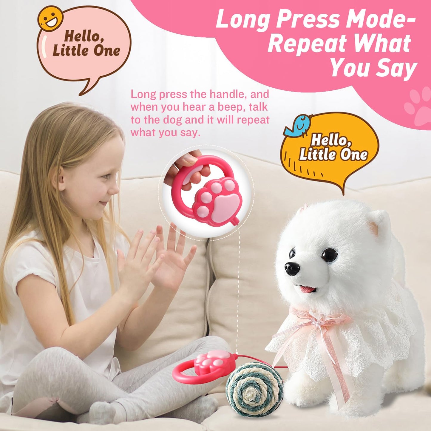 Walking Barking Singing Samoyed Puppy Toy, Repeats What You Say, Realistic Licking Tongue Wagging Tail Mechanical Dog With Touch Or Handle Control, Interactive Musical Plush Pet For Kids
