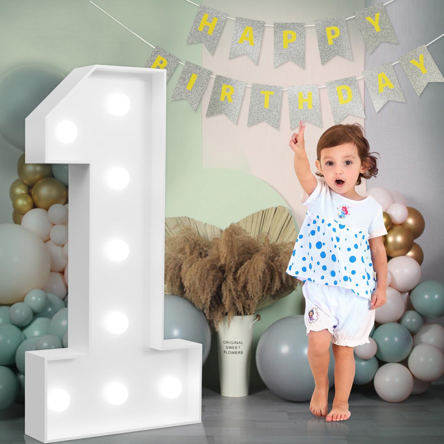 imprsv Marquee Numbers Large 3ft Light Up Number 1st Birthday Decoration for Boy Girl - White Cardboard Party Backdrop