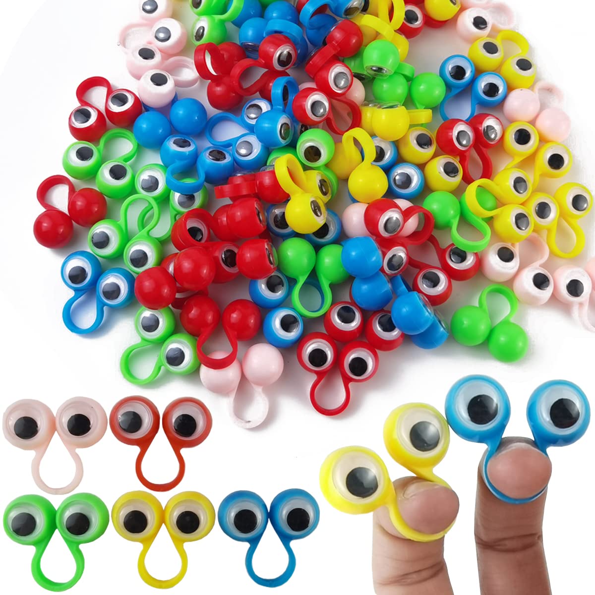 Gxxmei 100Pcs Eye Finger Puppets Eye On Rings Googly Eyeball Ring Party Favor Toys For Kids, 5 Colors