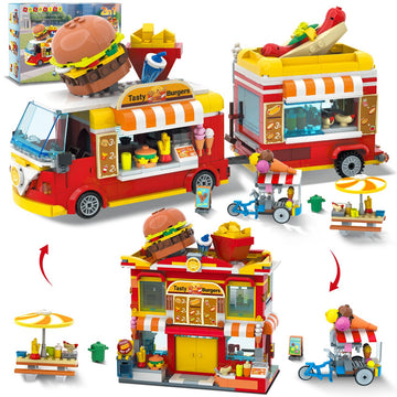 Hogokids City Burger Truck House Building Toy - 2 In 1 Burger Van And Restaurant Building Blocks Set Mobile Ice Cream Food Cart
