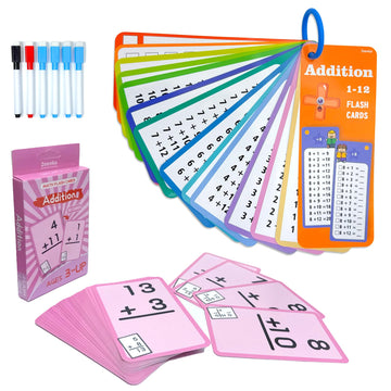 Limque 1-12 Math Flash Cards With 6 Dry Erase Pens, 15Pcs Big Addition Flash Cards + 36 Pcs Random Double-Sided Addition Practic