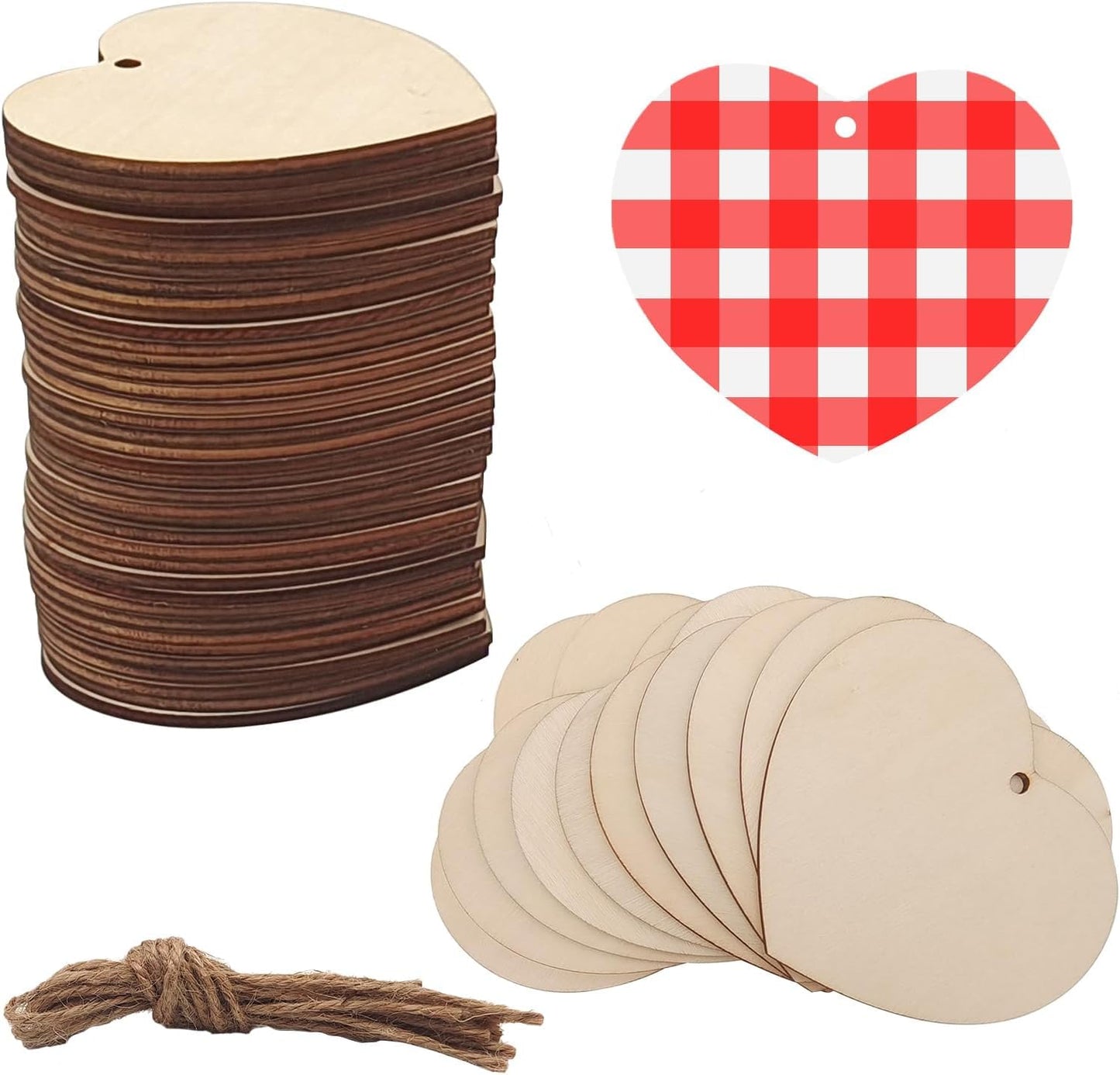 Cliths 15Pcs Heart Wood Cutouts Valentines Diy Craft Kit Blank Wood Heart Shapes For Kids Painting Art, Hanging Ornament With Ro