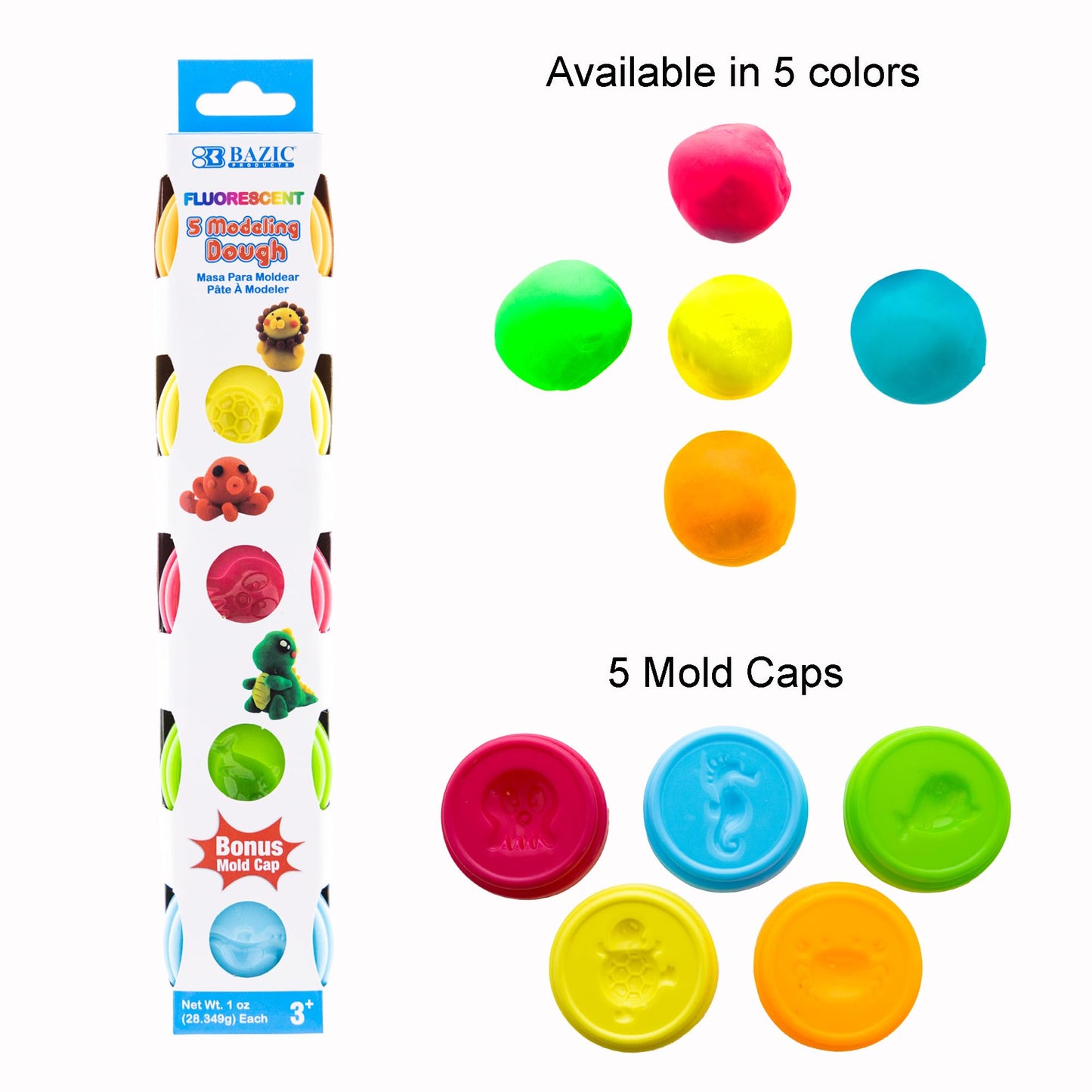 BAZIC Modeling Dough 1 Oz, 5 Fluorescent Colors, Non Toxic Soft DIY Modeling Clay with Mold Caps for Art and Crafts, Sculpting,