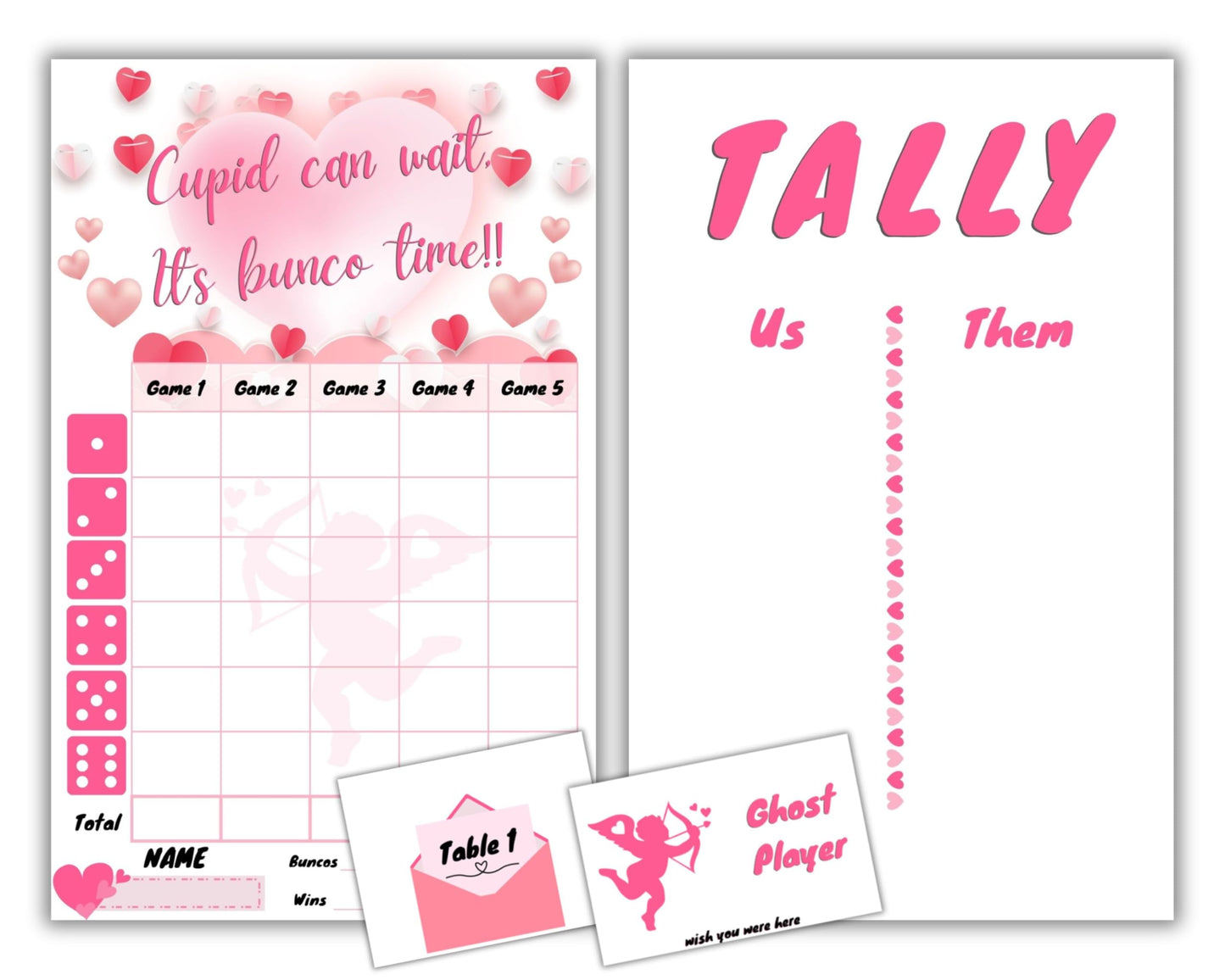 Generic Valentine's Day Bunco Kit - Cupid Score Sheets - Pink & White - Game Night Fun - Model Valentine2025