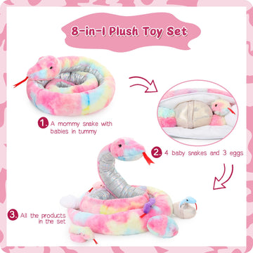 Morismos Snake Stuffed Animals Toy 120 Inch Stuffed Snake Plush With Babies Boa Constrictor Plush Toy For Kids Party Decorations Favors Prank Props, 4 Snake Babies, 3 Snake Eggs, Pink