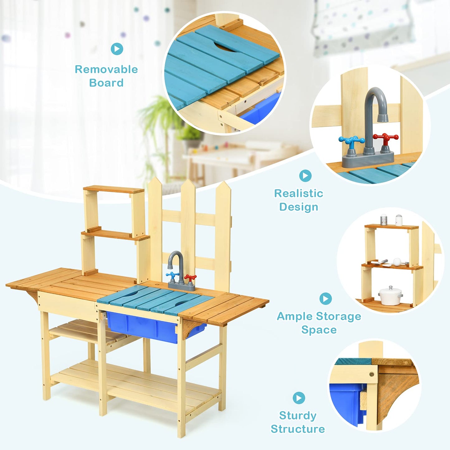 Costzon Mud Kitchen for Kids Outdoor, Wooden Pretend Play Kitchen with Removable Sink, Faucet, Storage Shelves, Mud Table, Kids