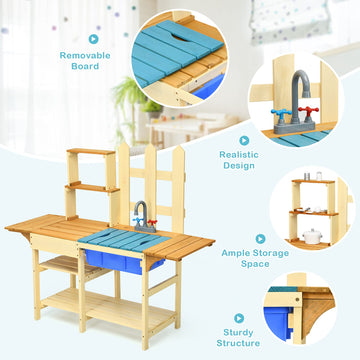 Costzon Mud Kitchen for Kids Outdoor, Wooden Pretend Play Kitchen with Removable Sink, Faucet, Storage Shelves, Mud Table, Kids