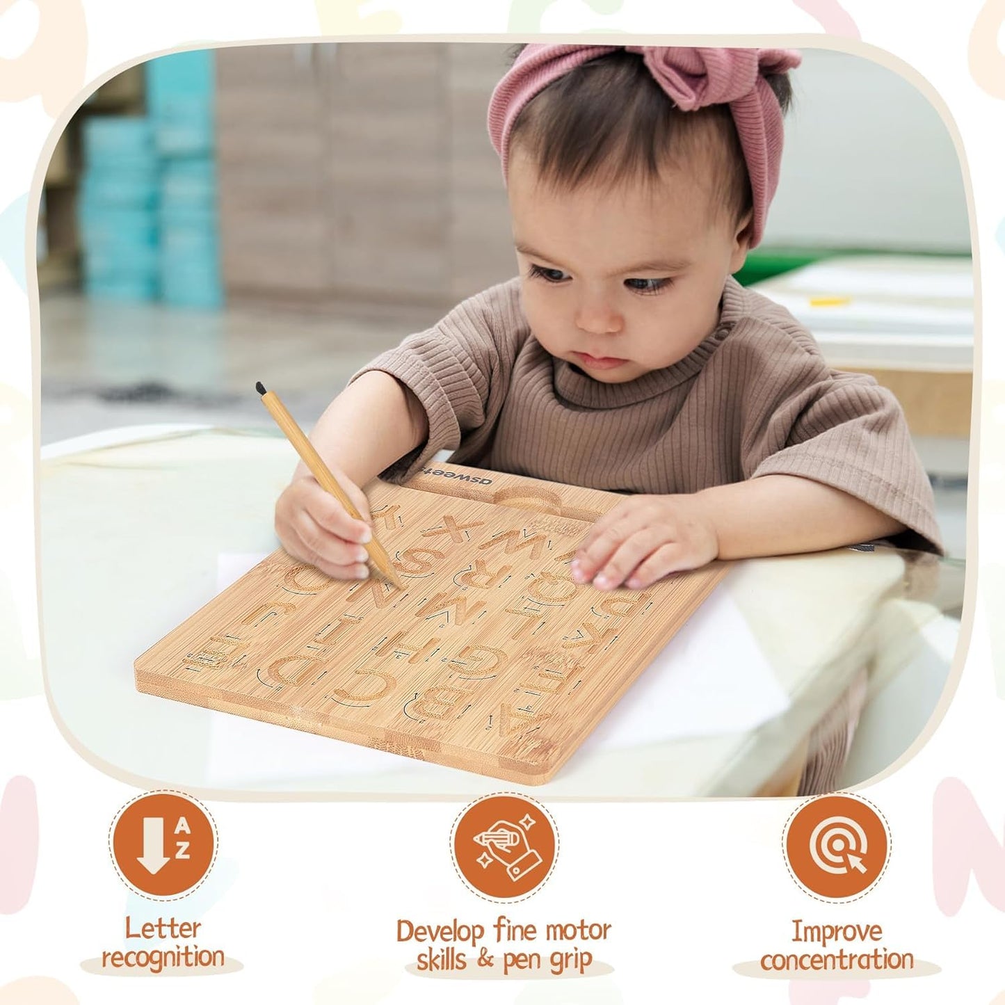 Asweets Montessori Wooden Alphabet Tracing Board, Bamboo, 9"x7", Double-Sided, 2 Pieces, Ideal for Toddlers and Preschool Gifts