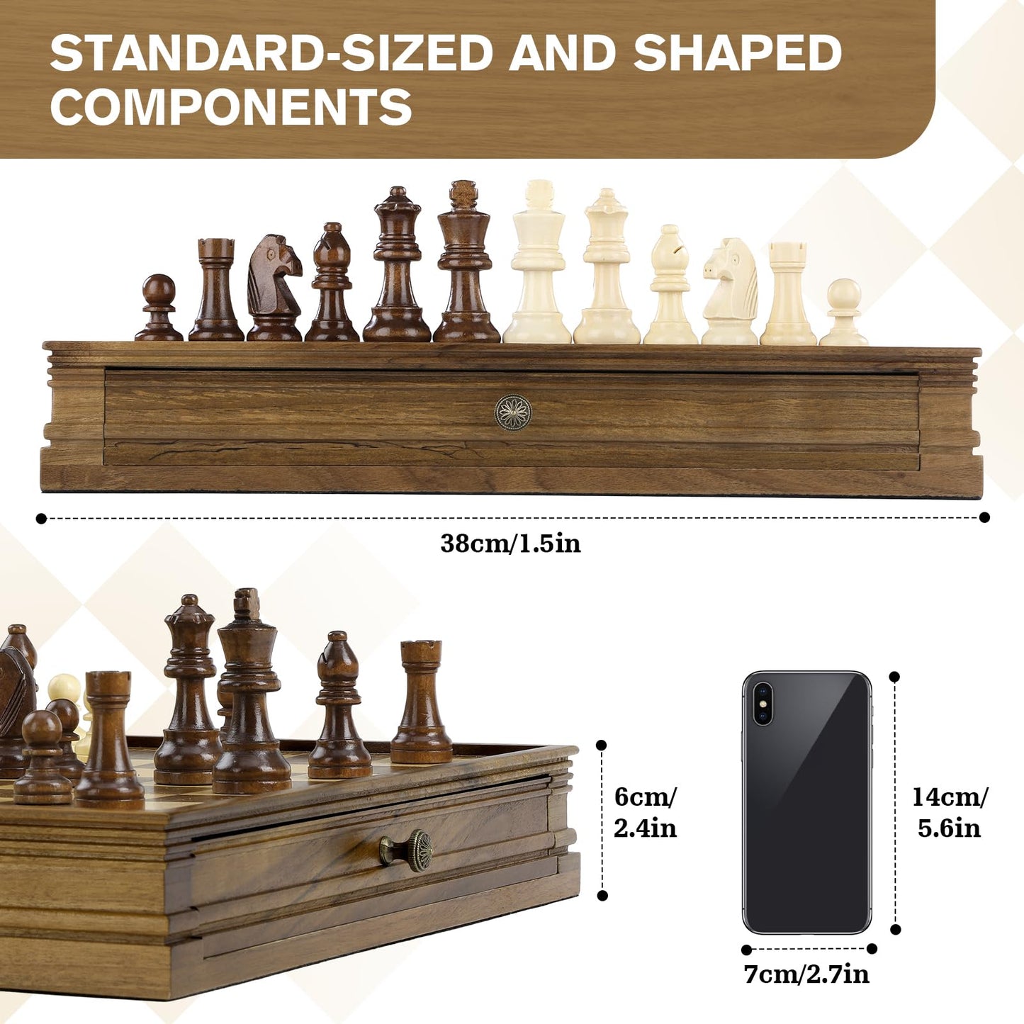Peradix Magnetic Chess Checkers Board Sets With 2 Built-In Storage Drawers,15' Classic 2 In 1 Wooden Games With 2 Extra Queens For Kids And Adults,Travel Portable Chess Game Set