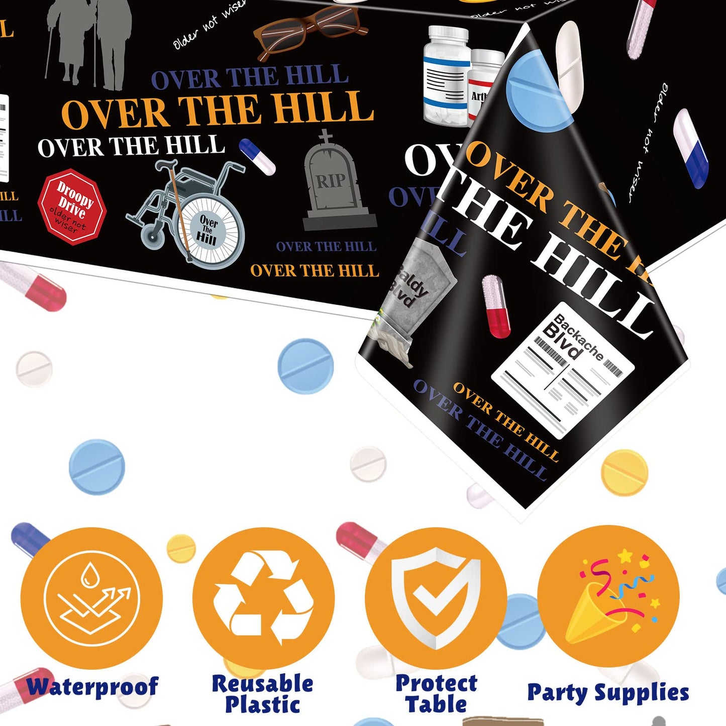 3 Pcs Over The Hill Party Supplies Old Age Themed Party Tablecloth 50th/ 60th/ 70th Birthday Tablecover Plastic Disposable Recta