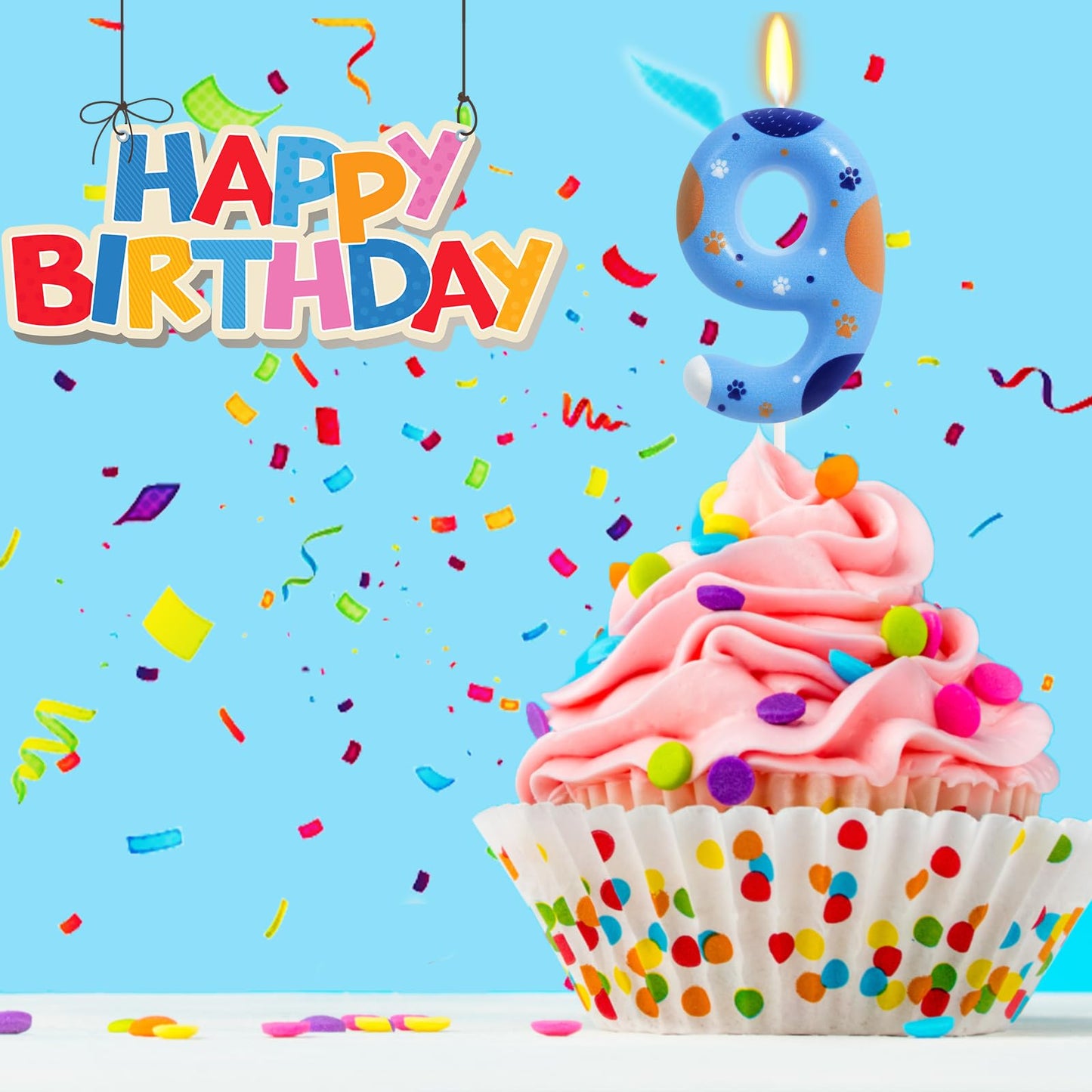 ElekFX Blue Dog Paw Birthday Candles, Number 9 Paw Print Birthday Party Supplies, 2.76 inch Paw Cake Topper Decorations, Birthda