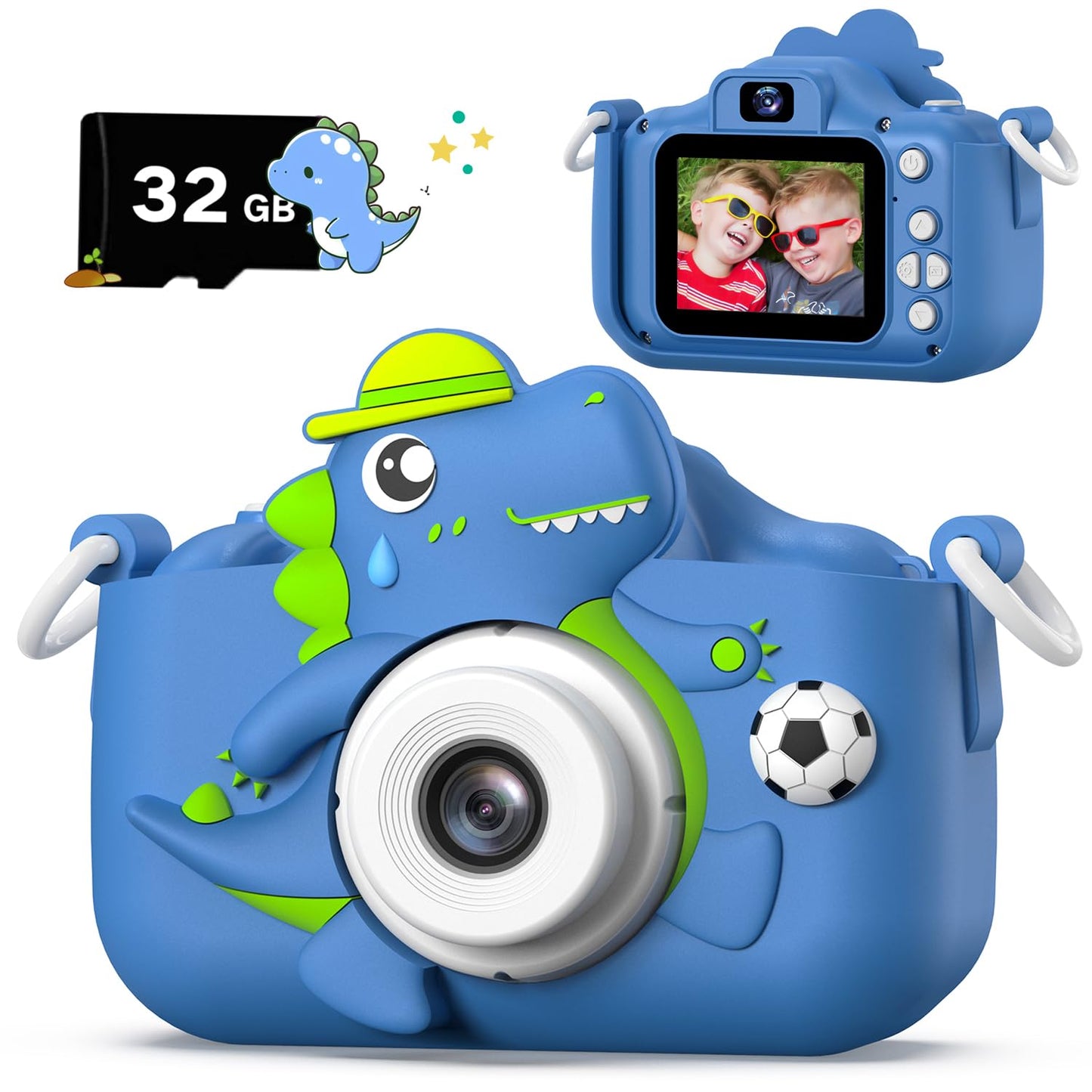 Dinosaur Kids Camera For Boys Girls, Toddler Digital Selfie Camera With Cute Protective Cover And 32G Sd Card, Christmas Birthda