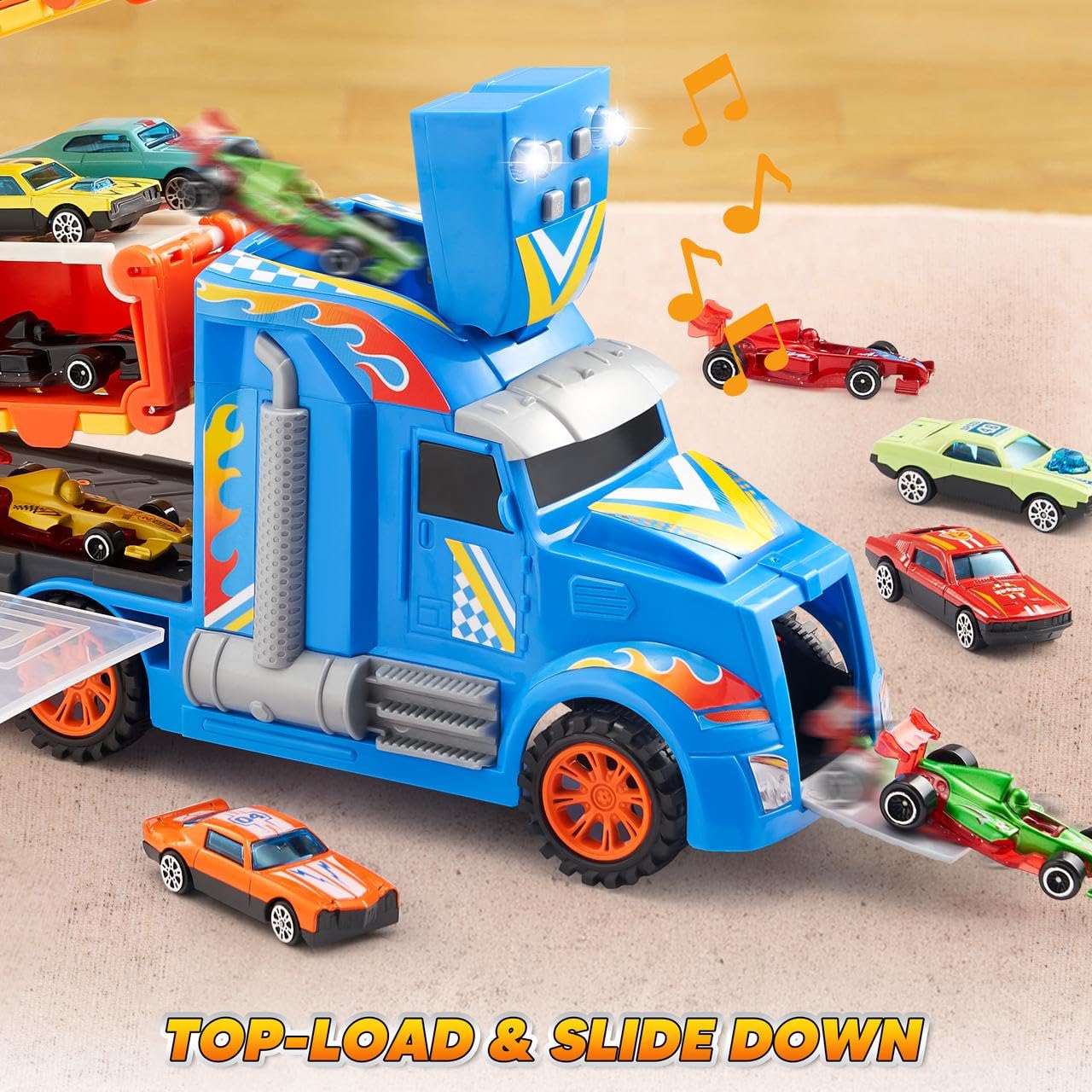 Joyin Toy Truck For Kids,5-Ft Race Track And 12 Die-Cast Metal Toy Cars, Racing Car With Lights & Sounds, Carrier Truck Playset