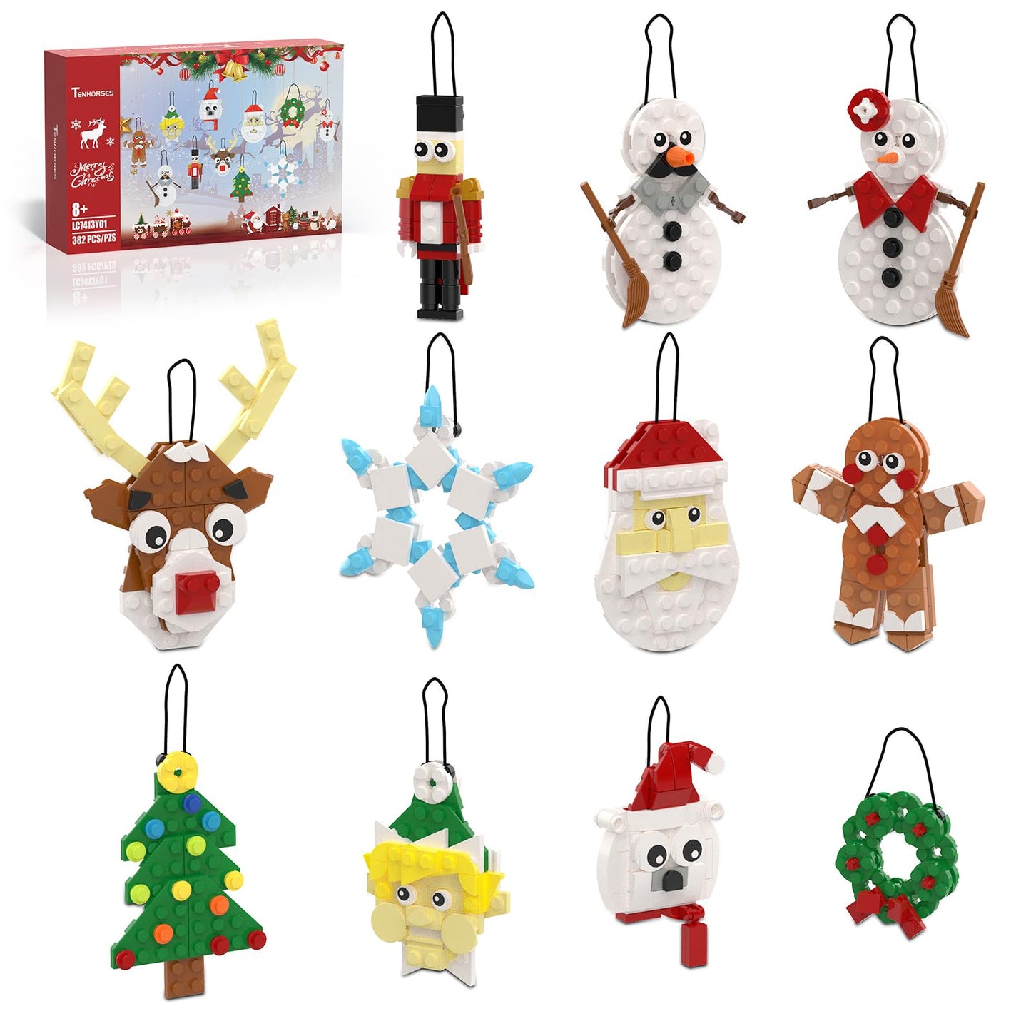 Tenhorses Christmas Tree Ornament 11-In-1 Building Sets, Wreath, Santa, Snowman, Nutcracker, Polar Bear, Gingerbread, Reindeer, Snowflake, Hanging Christmas Decor Toys Gift For Girls Boys Or Kids.