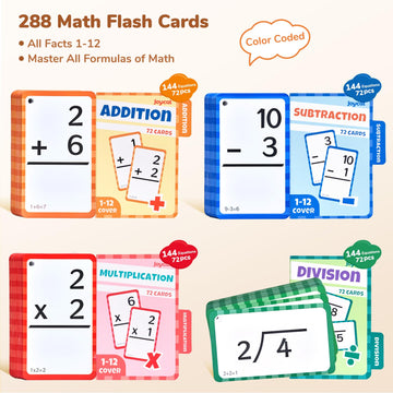 Joycat 288 Math Flash Cards Set Of 4- Multiplication, Division, Addition And Subtraction Flashcards For Kids 1St 2Nd 3Rd 4Th 5Th