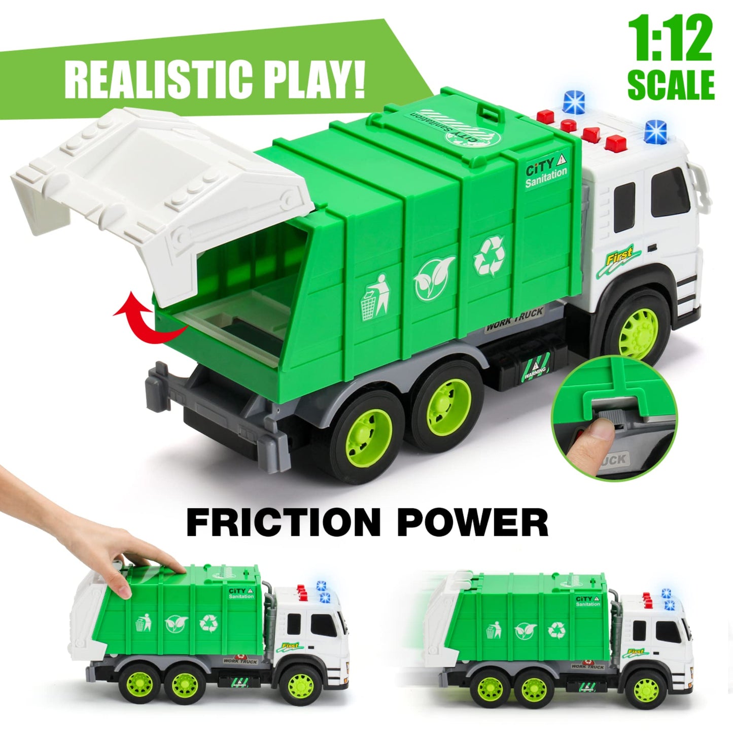 MOBIUS Toys Garbage Truck Friction-Powered - 1:12 Scale Large Size Truck w/Sounds, Lights, Loader, 4 Trash Cans for Learning Was