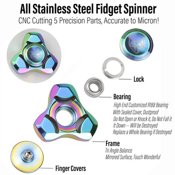 Freelove Metal Fidget Spinner, Stainless Steel Heavy, Long Spinning Toys, Cool Silent, Small Mini Fox Figette Spiner For Adults Men Anxiety, Quiet Bearing, Rainbow