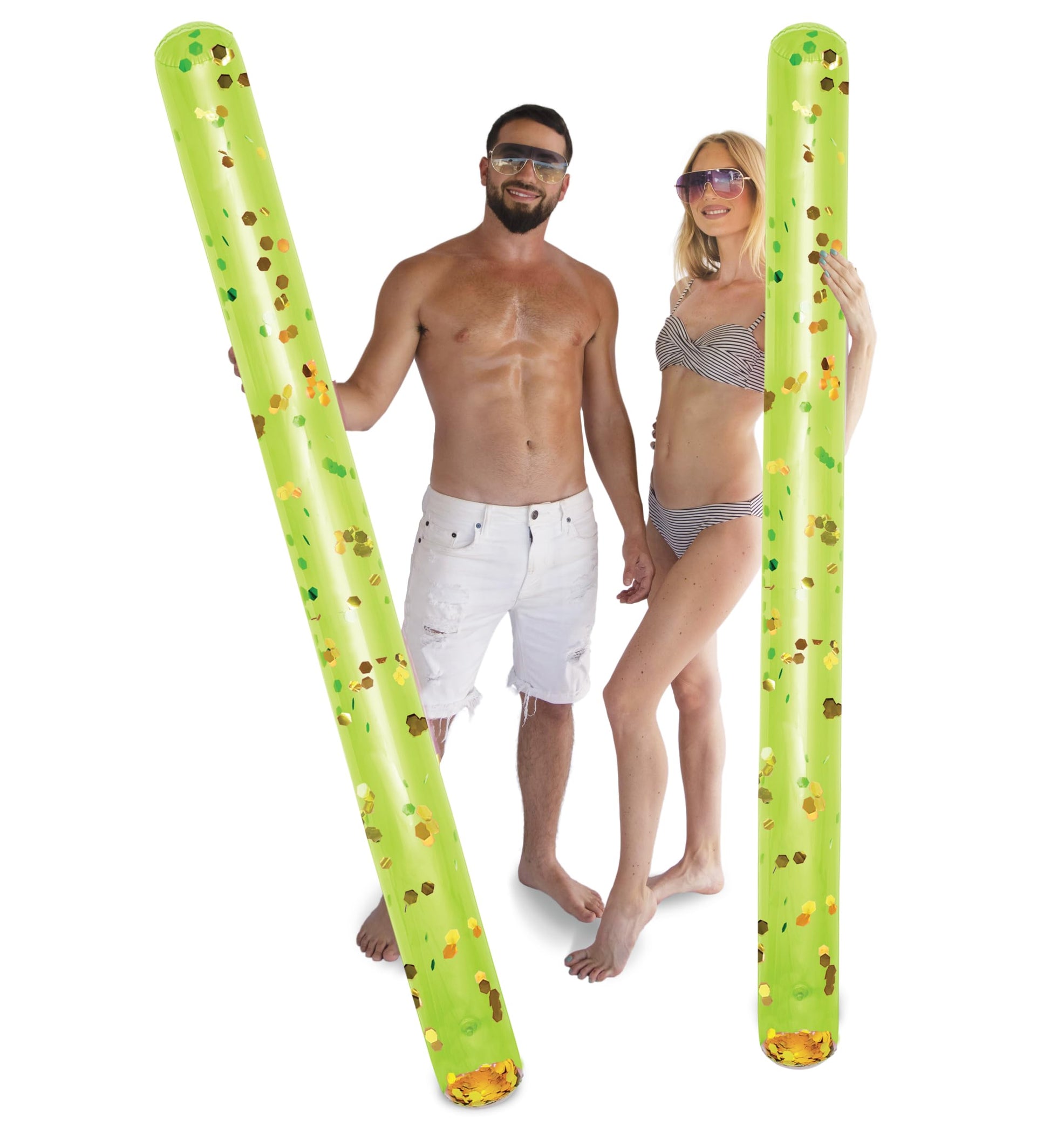 POZA 2 Pack of Inflatable Jumbo Pool Noodles - 74-Inch enhanced and elegant Giant Inflatable Sparkly Gold Glitter Confetti Pool Float Swim Noodles  Inflatable Noodles for Pool - Green and Gold