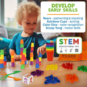 Skoolzy Rainbow Stacking Bears With Matching Sorting Cups 69 Piece Set, 60 Bear Counters, Scissor Tongs, Rainbow Cups, Storage Bag, Sorting Dice Game