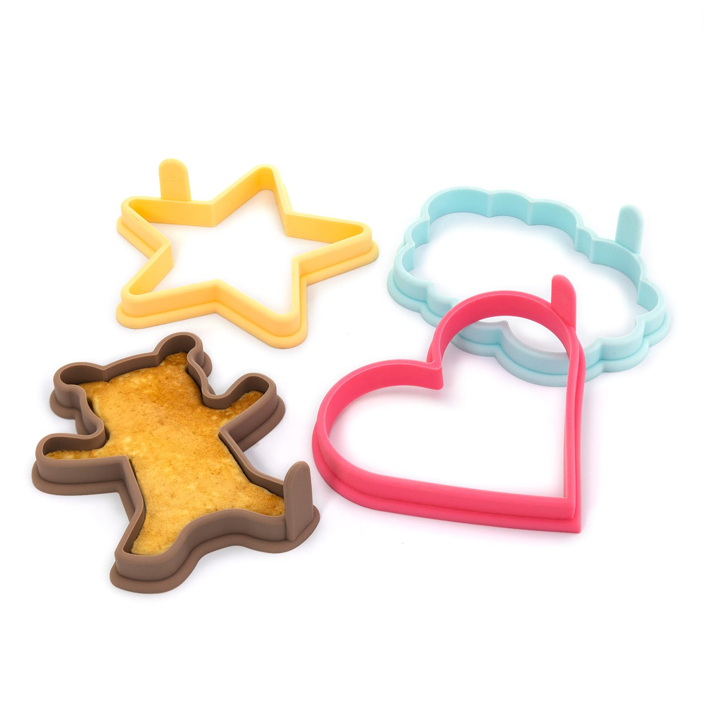 STIRLEX Silicone Pancake Molds Set of 4 - Heart, Star, Teddy Bear, Cloud Shapes - Nonstick, Kids Friendly - Pink, Blue, Yellow, Brown