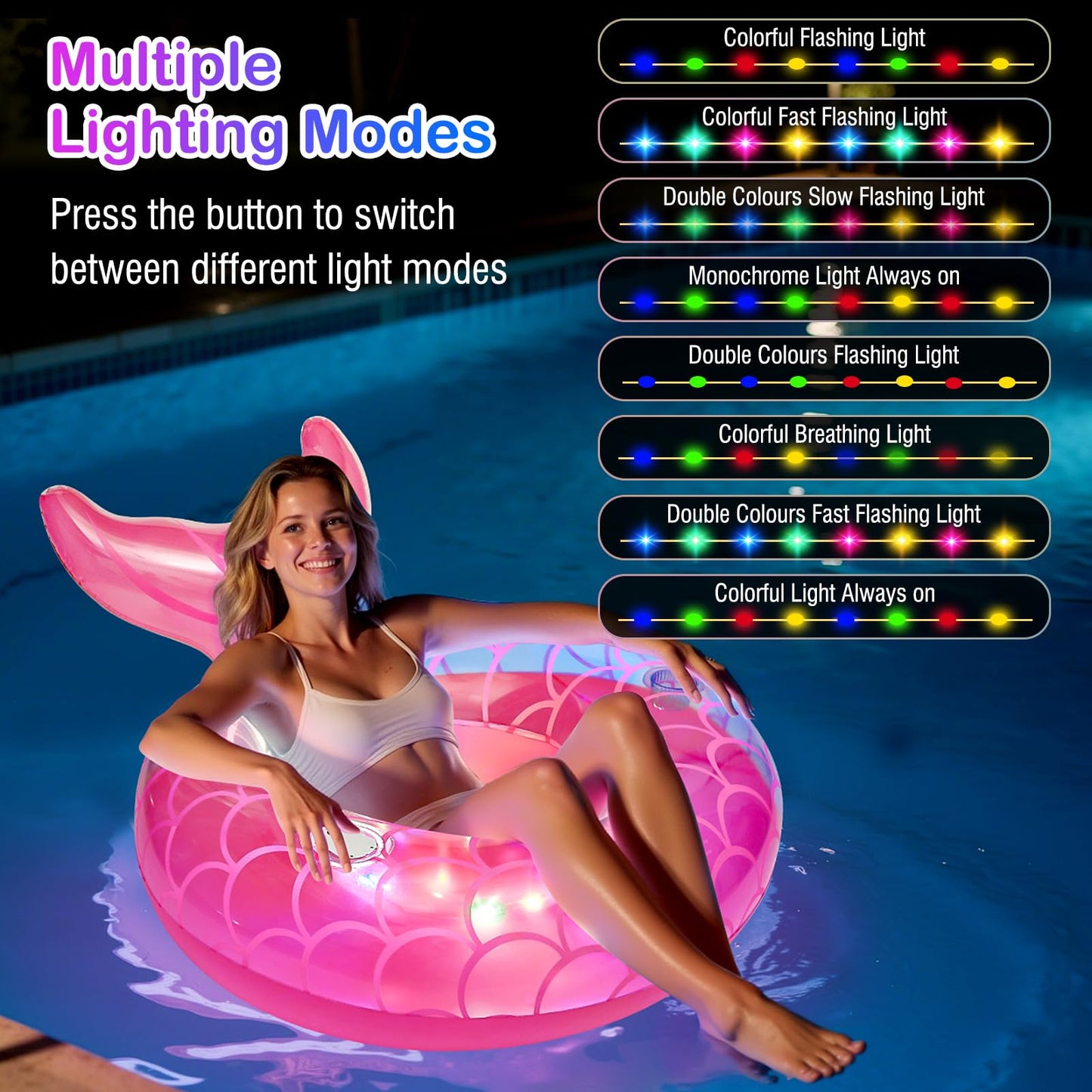MoKo Pool Floats mature-themed with Lights  LED Lighted Pool Toys Tubes  42 Inches Mermaid Tail Pool Floaties with Cup Holder and Handles  Inflatable Swimming Pool Lights Floats for Party  Beach  Lake  Pink