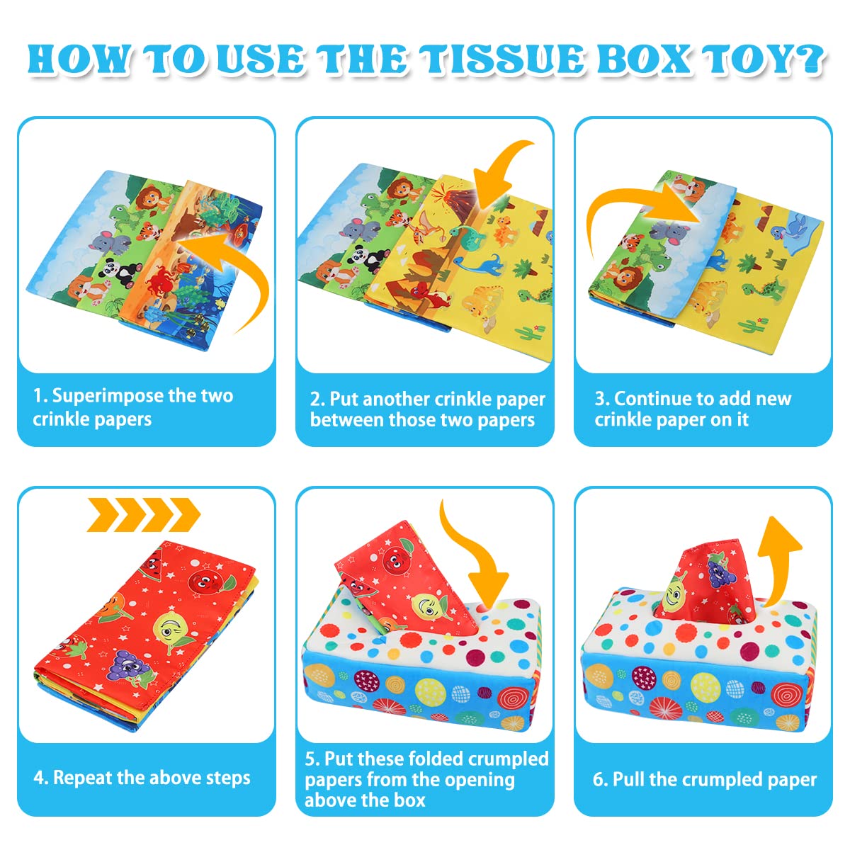Aiduy Baby Tissue Box Toys - Soft Crinkle Montessori Infant Sensory Toy for 6-12 Months, Colorful, Medium, Ideal for Boys & Girls