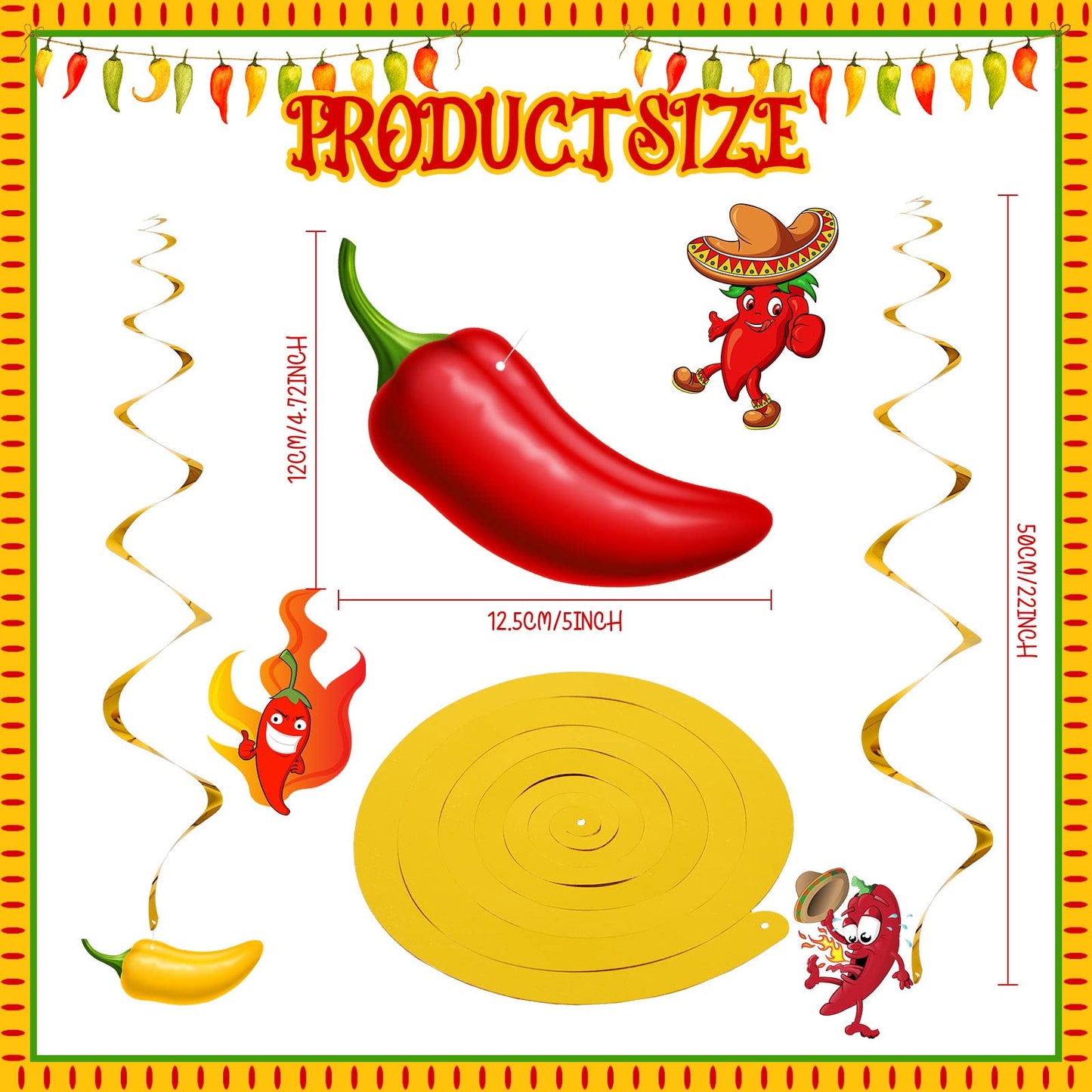 30 Pieces Chili Pepper Whirls Cinco de Mayo Pepper Decorations for Fiesta Party Mexico Spiral Hanging Party Streamers for Decor