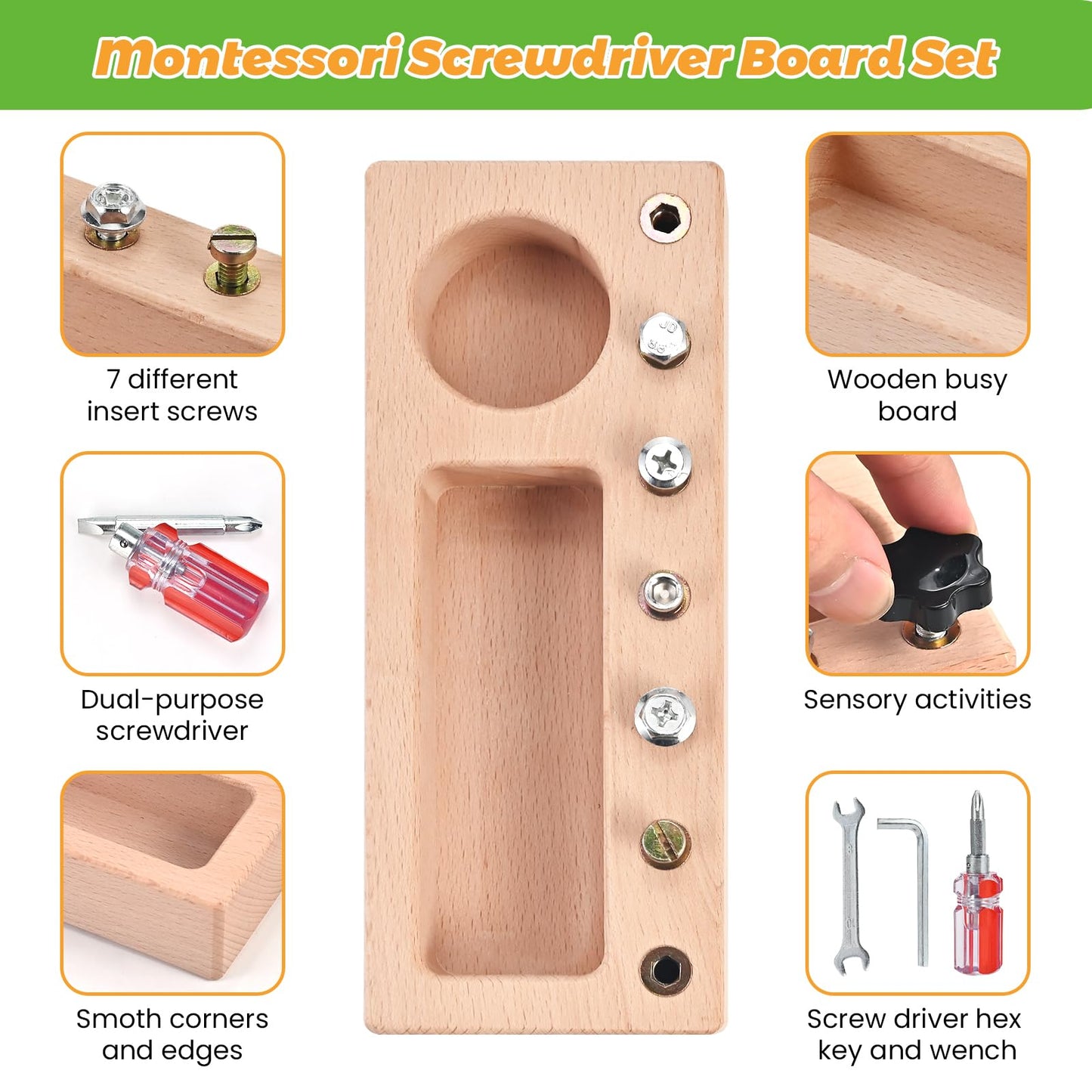 Wooderma Montessori Screwdriver Board Set, Wooden Montessori Toys For 3 4 5 Year Old, Toddler Screwdriver Toy, Kids Tool Set, Pr