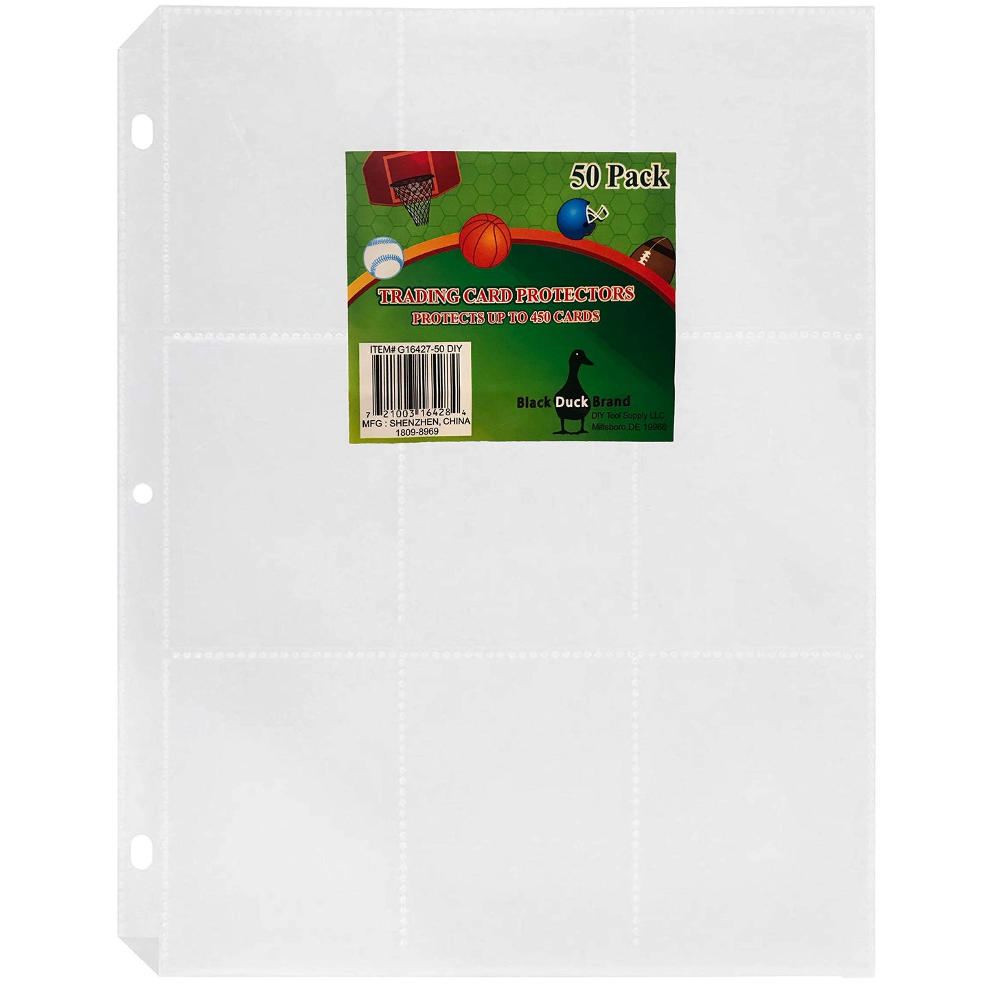 Black Duck Brand Trading Card Protector Sheets - 9 Pocket, 50 Pages, Holds 450 Cards - 3 Ring Binder