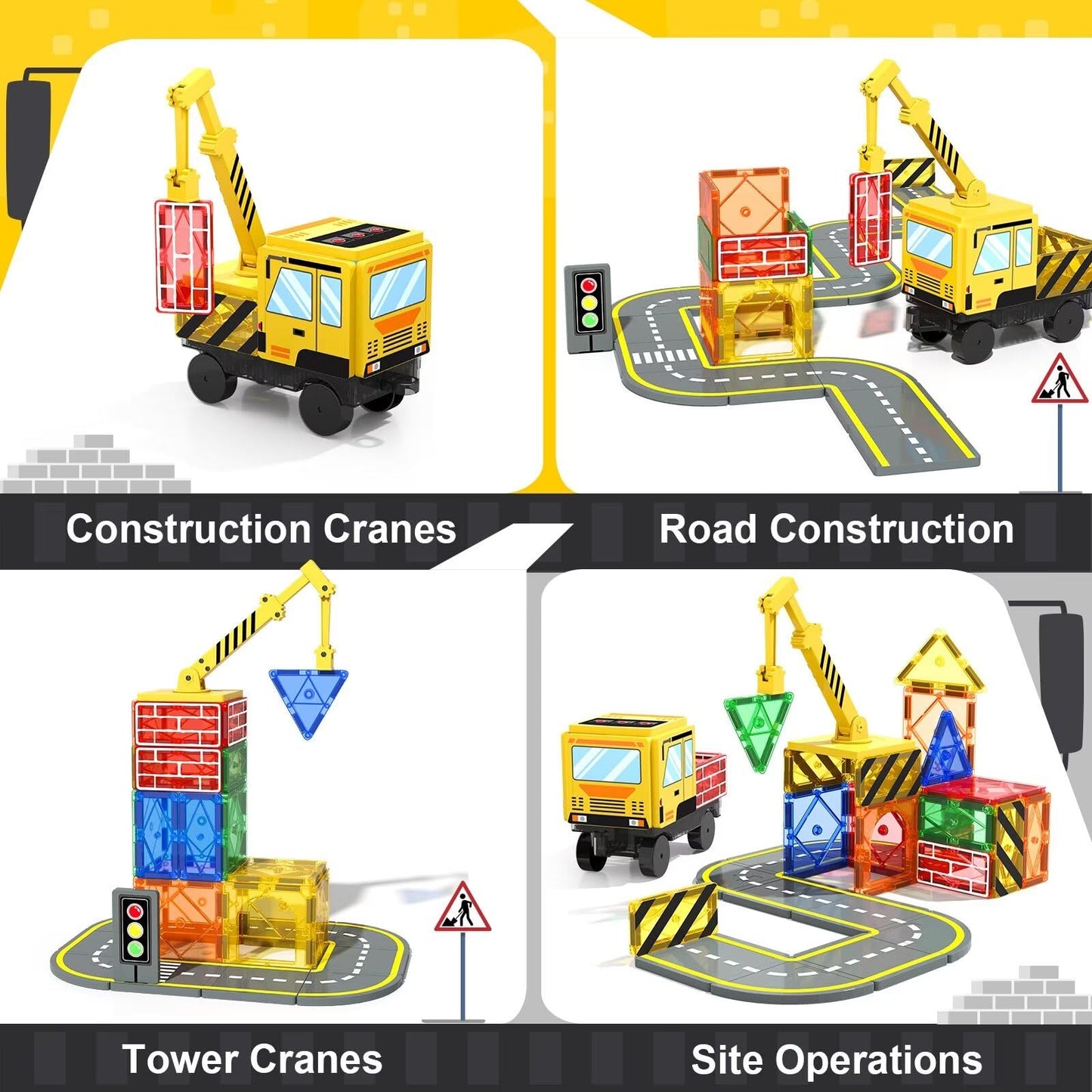 Magnetic Tiles Construction Toys With Crane Road Pieces Truck Magnetic Blocks Stem Building Sensory Toys For Kids 3 4 5 6 7 8 Year Old Boys Birthday Xmas Gifts