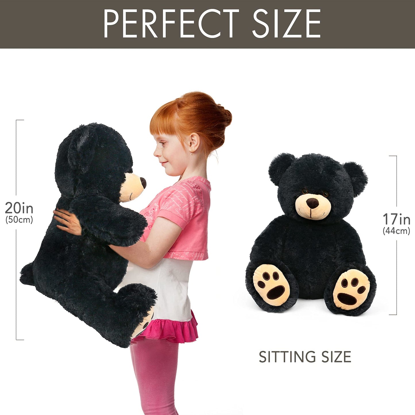 LotFancy 20-Inch Black Teddy Bear Plush Toy - Soft Cuddly Stuffed Animal with Footprints for Kids, Perfect Gift for Baby Shower, Birthday, Christmas
