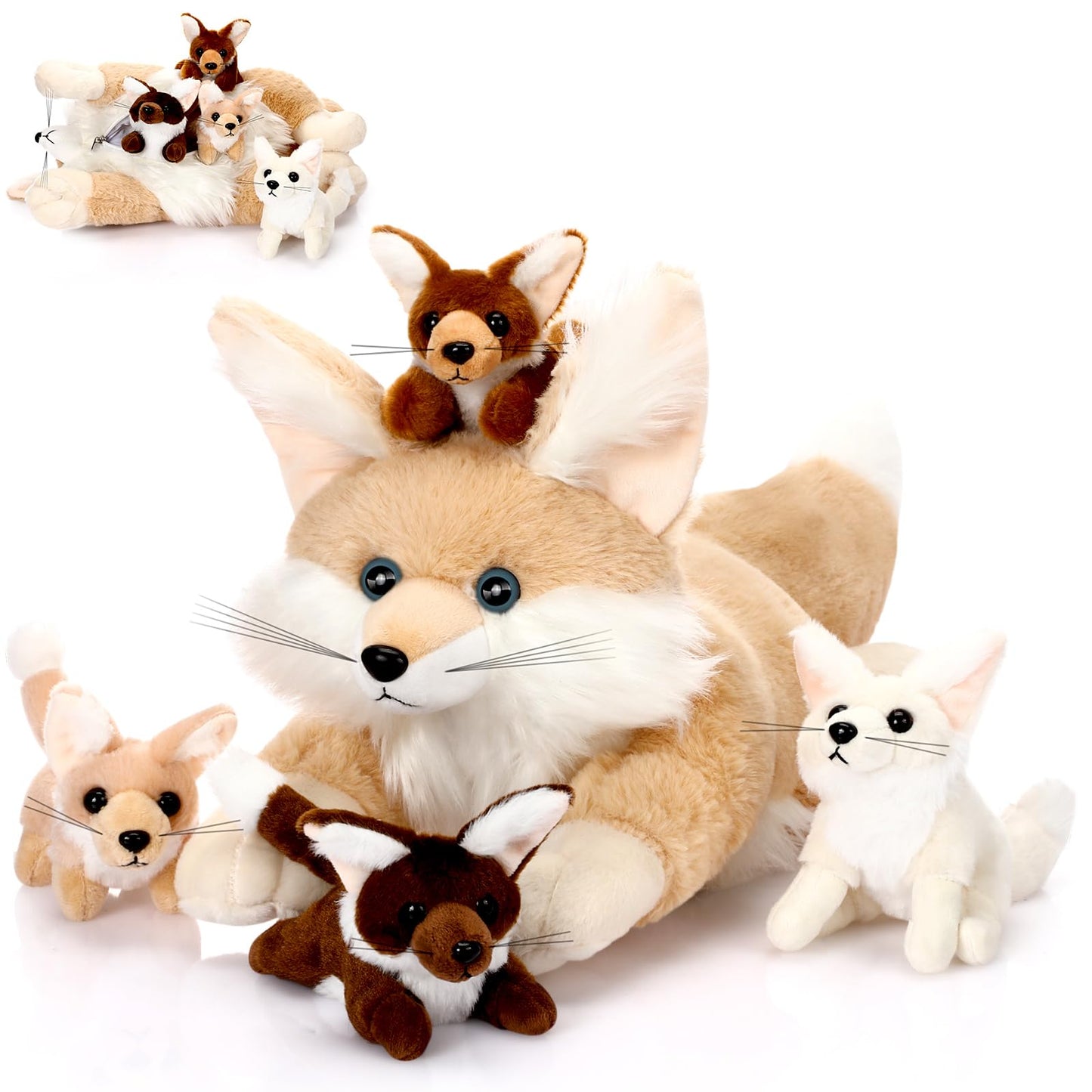 HyDren 5 Pcs Woodland Animals Plush Toys Set 13.4 Inch Large Fennec Fox Stuffed Animal with 4 Cute Babies Fox Plush Toys Gift for Birthday Holiday Baby Shower Party Decor(Beige Lying)