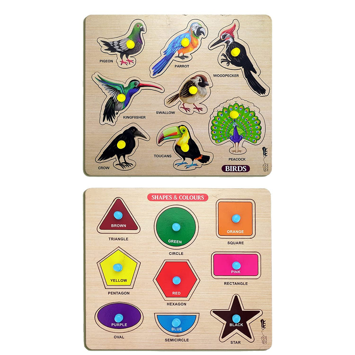 GREST Mini Wooden Shape, Colors and Birds Puzzle with Knobs, Educational and Learning Game for Kids