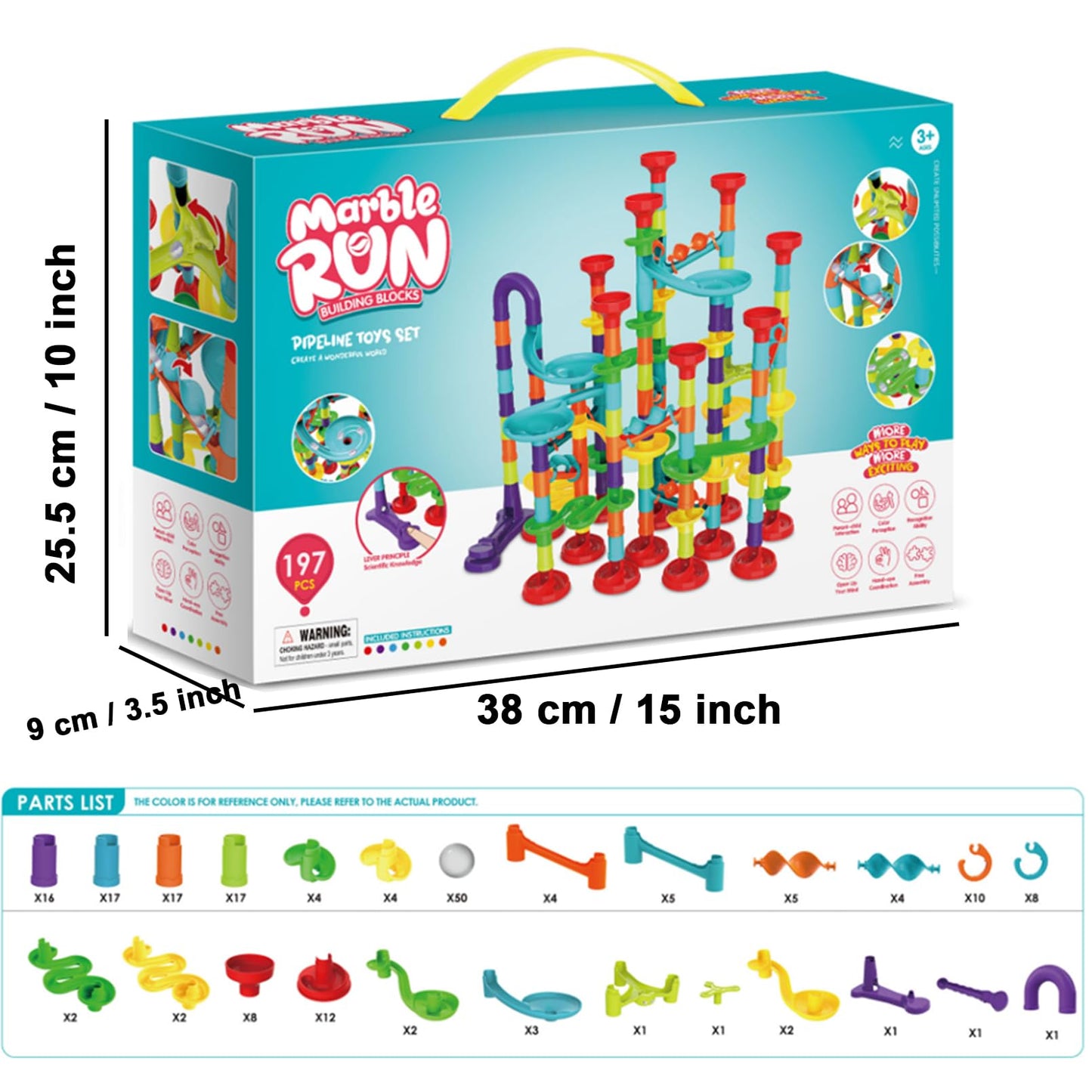 ailixinda Marble Run Set - 197 PCS STEM Building Blocks Toy with 50 Glass Marbles, Multicolor, 2"x3"x0.5" for Kids