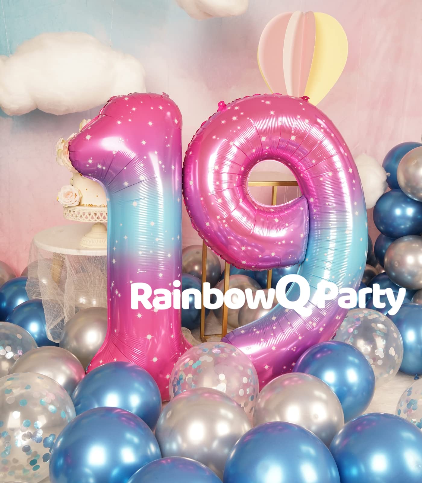 RainbowQ 40 Inch Number 19 Balloons, Pink Blue Foil, Large for 19th Birthday Party Decorations