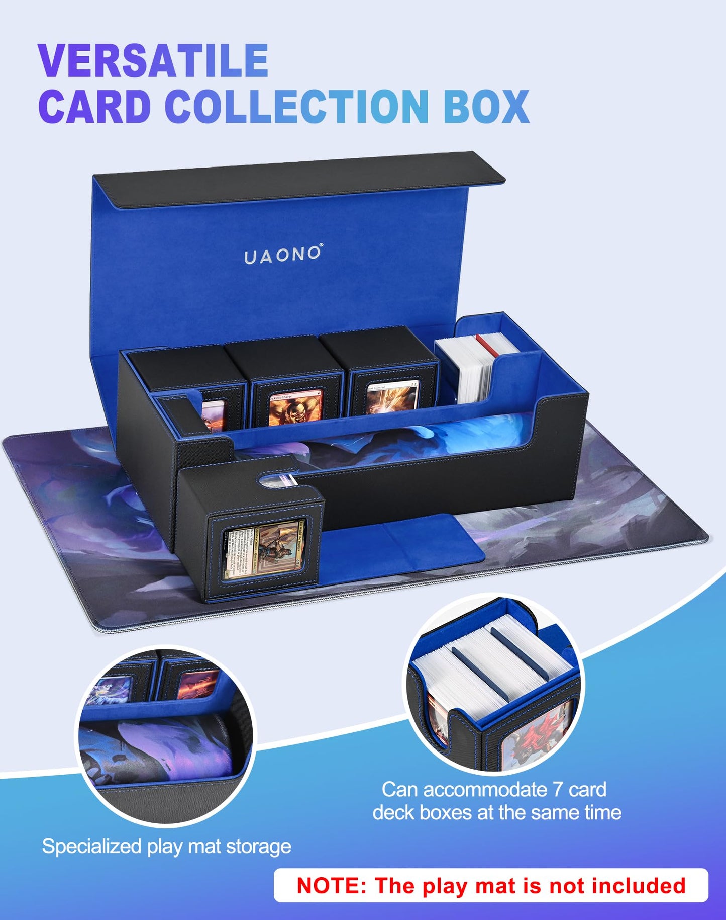 UAONO Card Storage Box for Trading Cards  5 in 1 Card Deck Case with 4 Pcs Small Commander Deck Box  Large Card Box for MTG/TCG/PTCG Magic Sports Cards Game Playmat (Black  Blue)