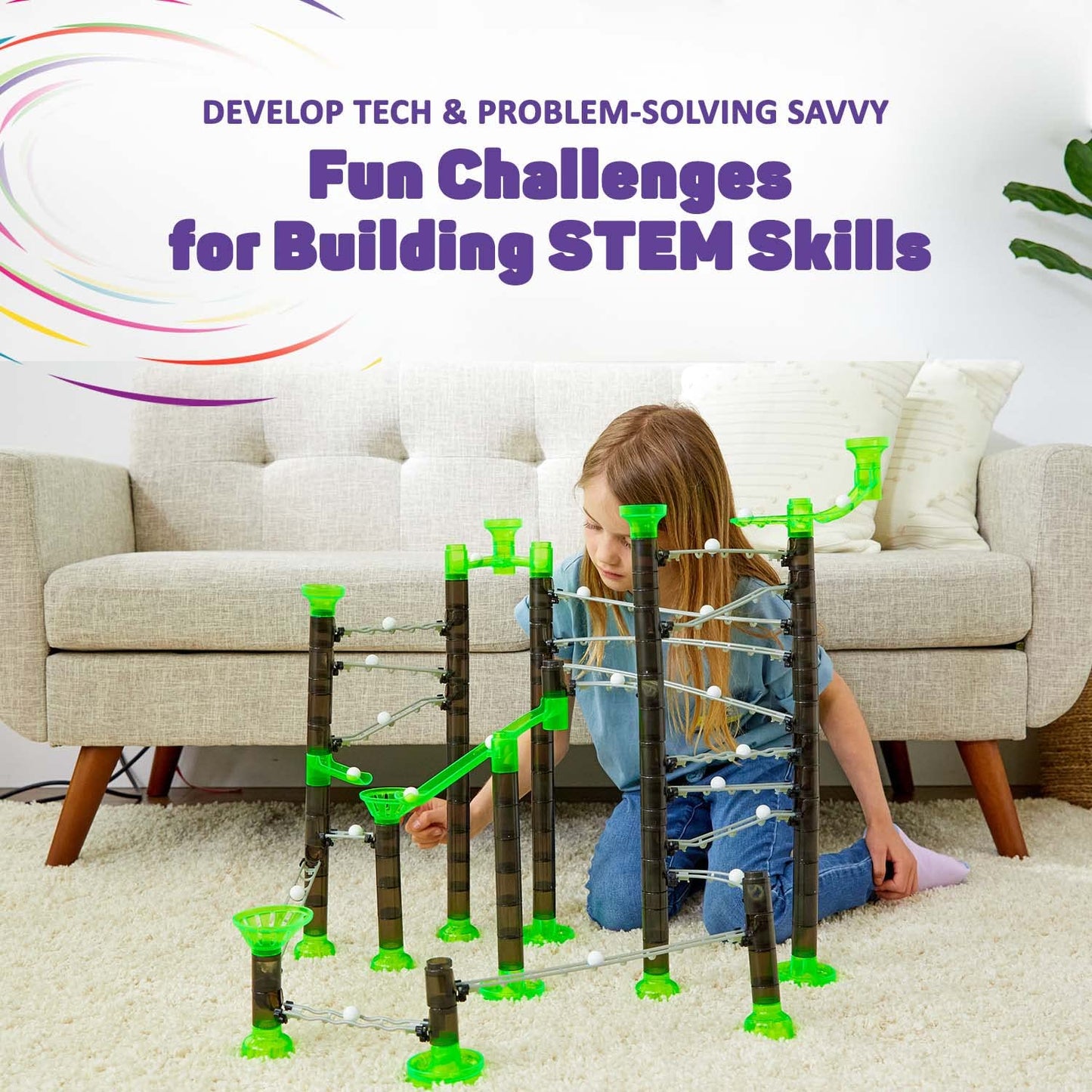 Marble Genius Marble Rails Starter Set, 200 Piece Marble Run For Kids 8+ (30 Marbles, 30 Rail Pieces, 12 Base Pieces & More), Stem, Full-Color Instructions, Great For Kids & Teens