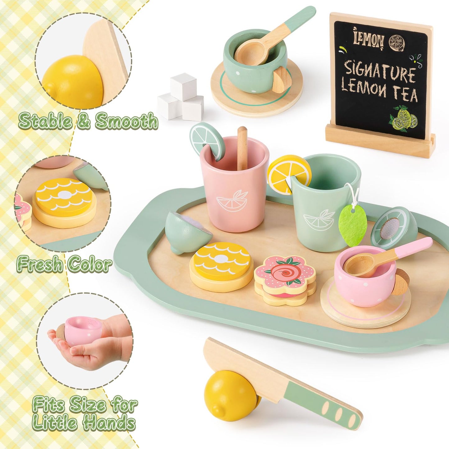 Toyssa Wooden Tea Party Set for Little Girls Toys Toddler Tea Set with Play Kitchen Accessories & Lemonade Stand & Black Board,