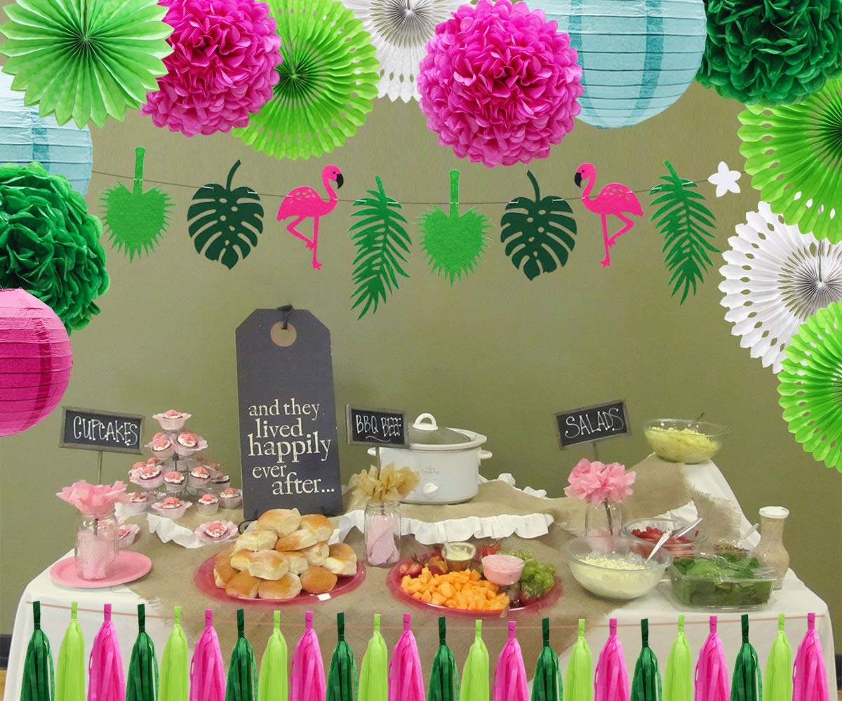 Adlkgg Tropical Flamingo Palm Leaf Banner Party Decorations, Hanging Paper Fans Paper Lanterns Pom Poms Flowers Tissue Tassels F