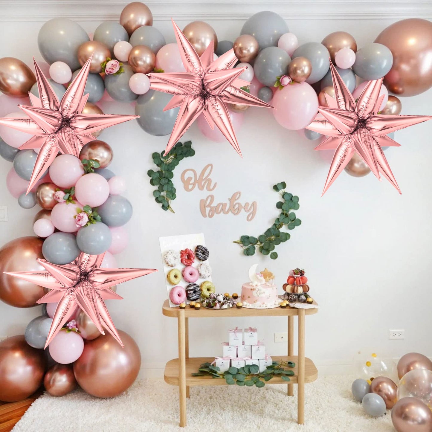 Rose Gold Star Balloons, Big 72 Pieces 26 Inch Explosion Starburst Foil Cone Balloons, 12 Point Large Starburst Balloons For Wed