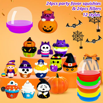 24 Pack Halloween Party Favors Filled With Squishy Toys,Slow Rising Squishy Toy With Fillers,Cute Stress Relief Squeeze Toys For Kids Gifts,Birthday,Class Prizes,Goodie Bags Stuffers