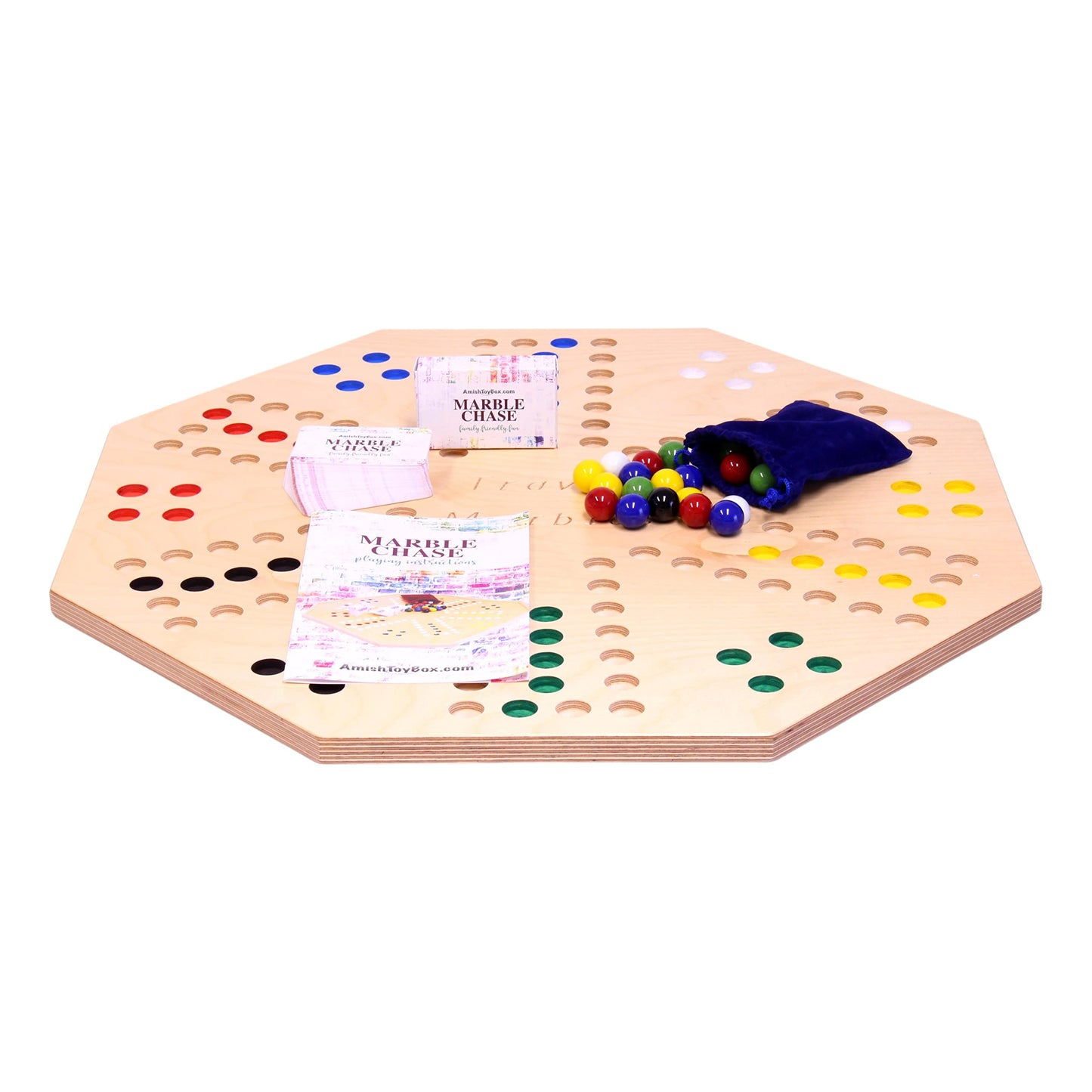 AmishToyBox.com Travel Marble Chase Wooden Board Game Set - Double-Sided 23" Board, Includes Carry Bag, Marbles, Cards - Beige