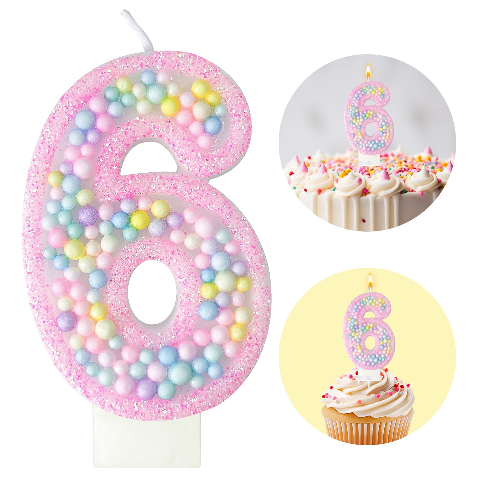 Zlongron Birthday Number Candles, Handmade Macaron 3D Flash Number 6 Candle, Suitable for Girls and Boys Birthdays, Weddings, A