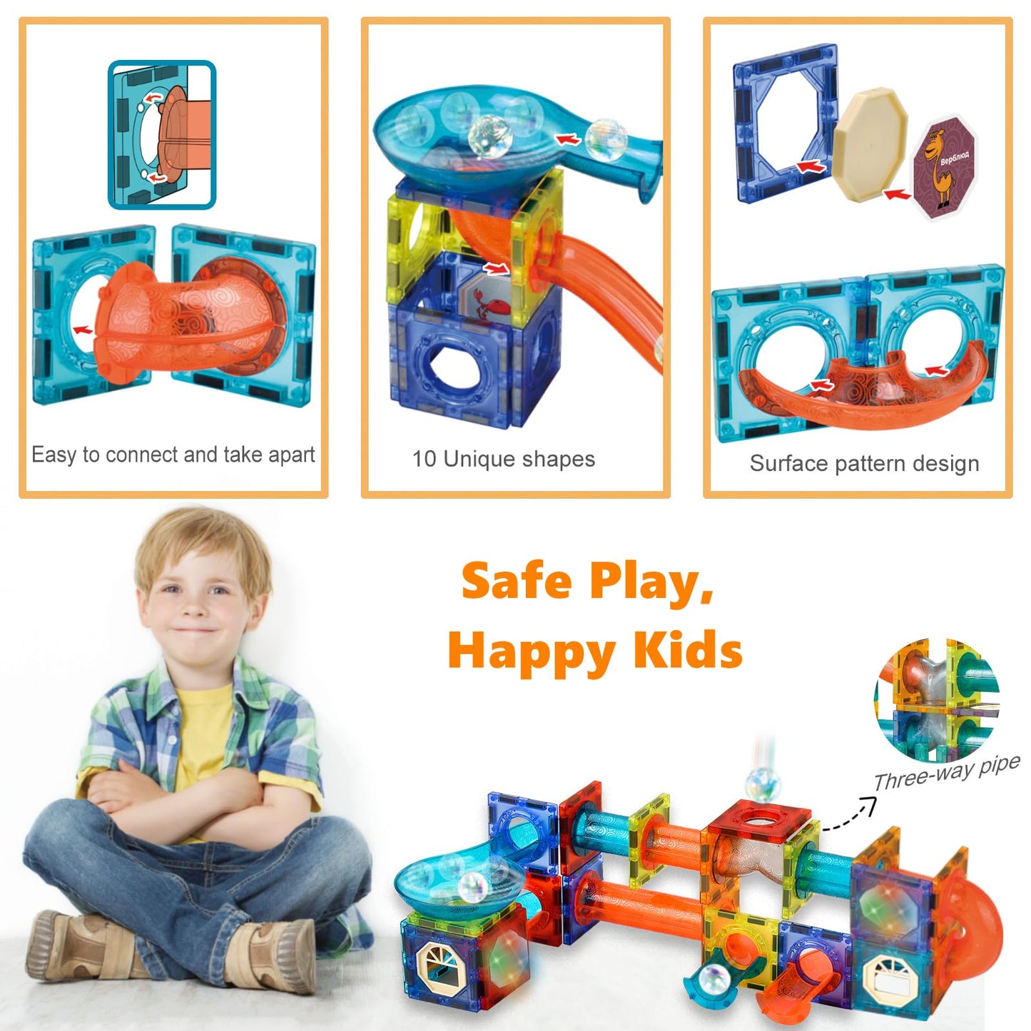 Magnetic Tiles Building Blocks Toys for Kids 144 PCS Magnet STEM Construction Set with LED Lights & Marble Run | Educational Learning Creative Gifts for Kids Ages 5-12 Boys and Girls