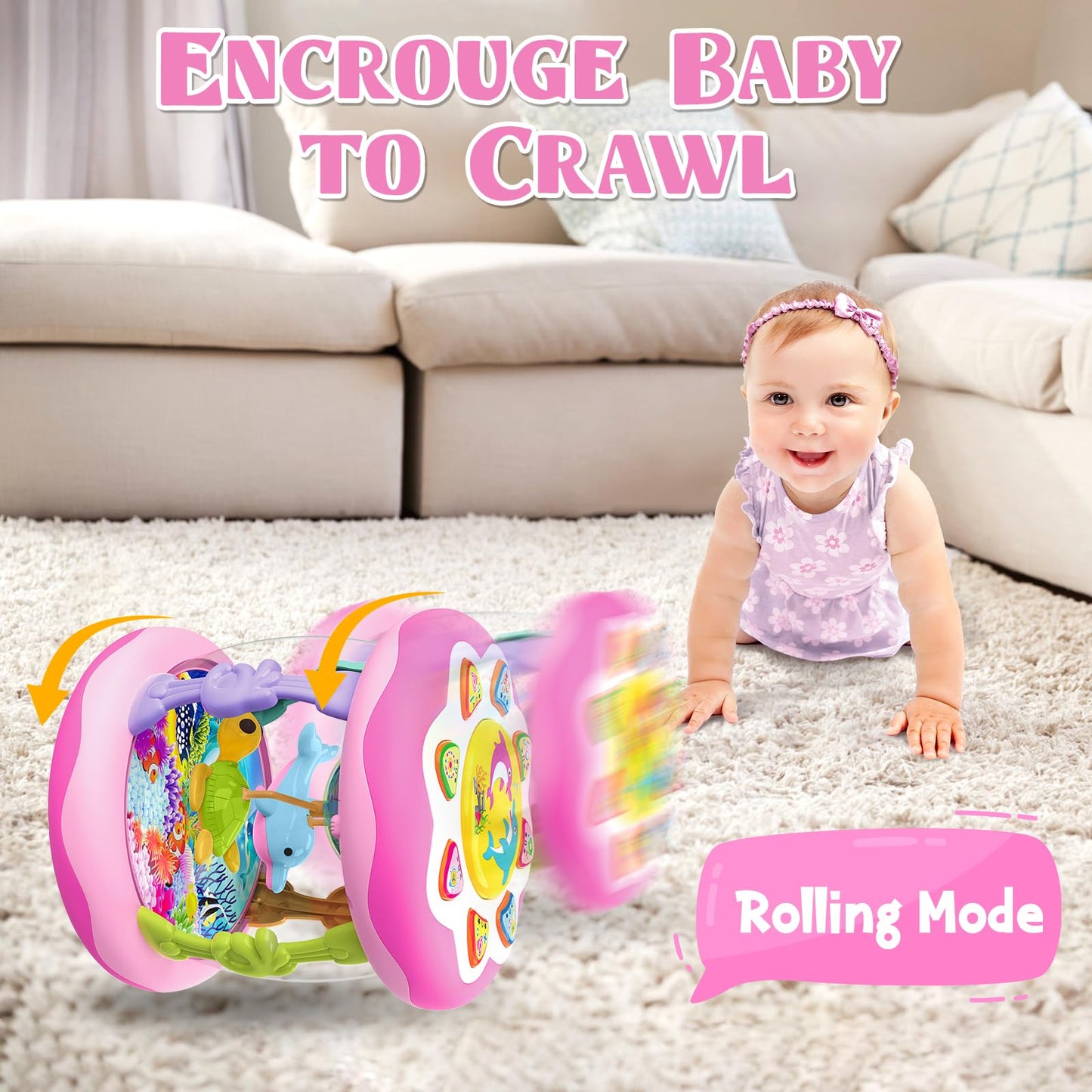 Baby Girl Toys For 6-12 Months Ocean Rotating Light Up Musical 6 7 8 9 Month Old Baby Toys Tummy Time Infant Toys 3-6 12-18 Months Crawling Baby Girl Toys 1 2 3 Year Old Baby Gifts For Girls (Pink)