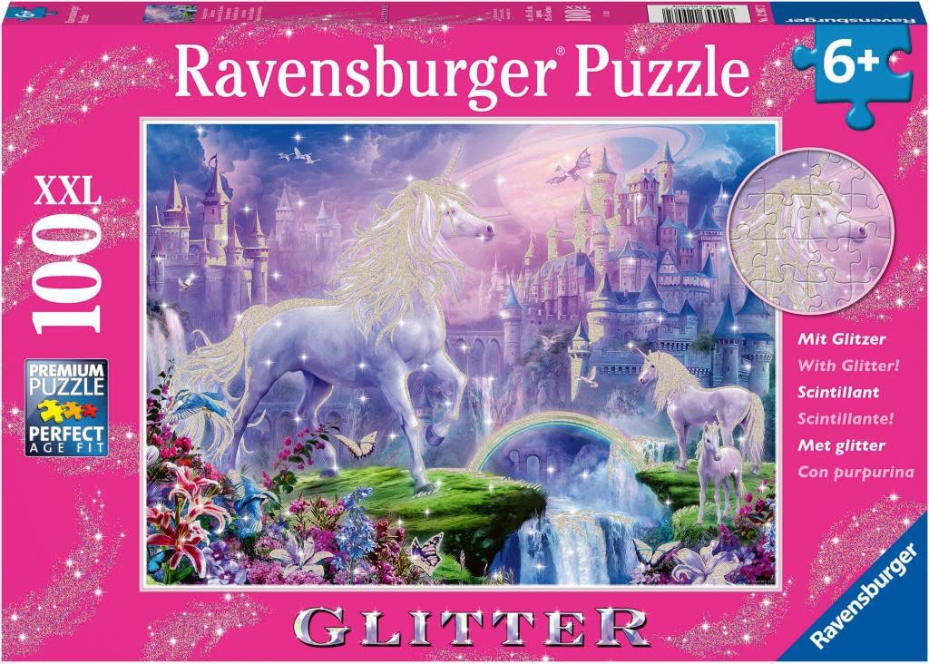 Ravensburger Unicorn Kingdom 100 Piece Xxl Glitter Jigsaw Puzzle For Kids - 12907 - Every Piece Is Unique, Pieces Fit Together Perfectly